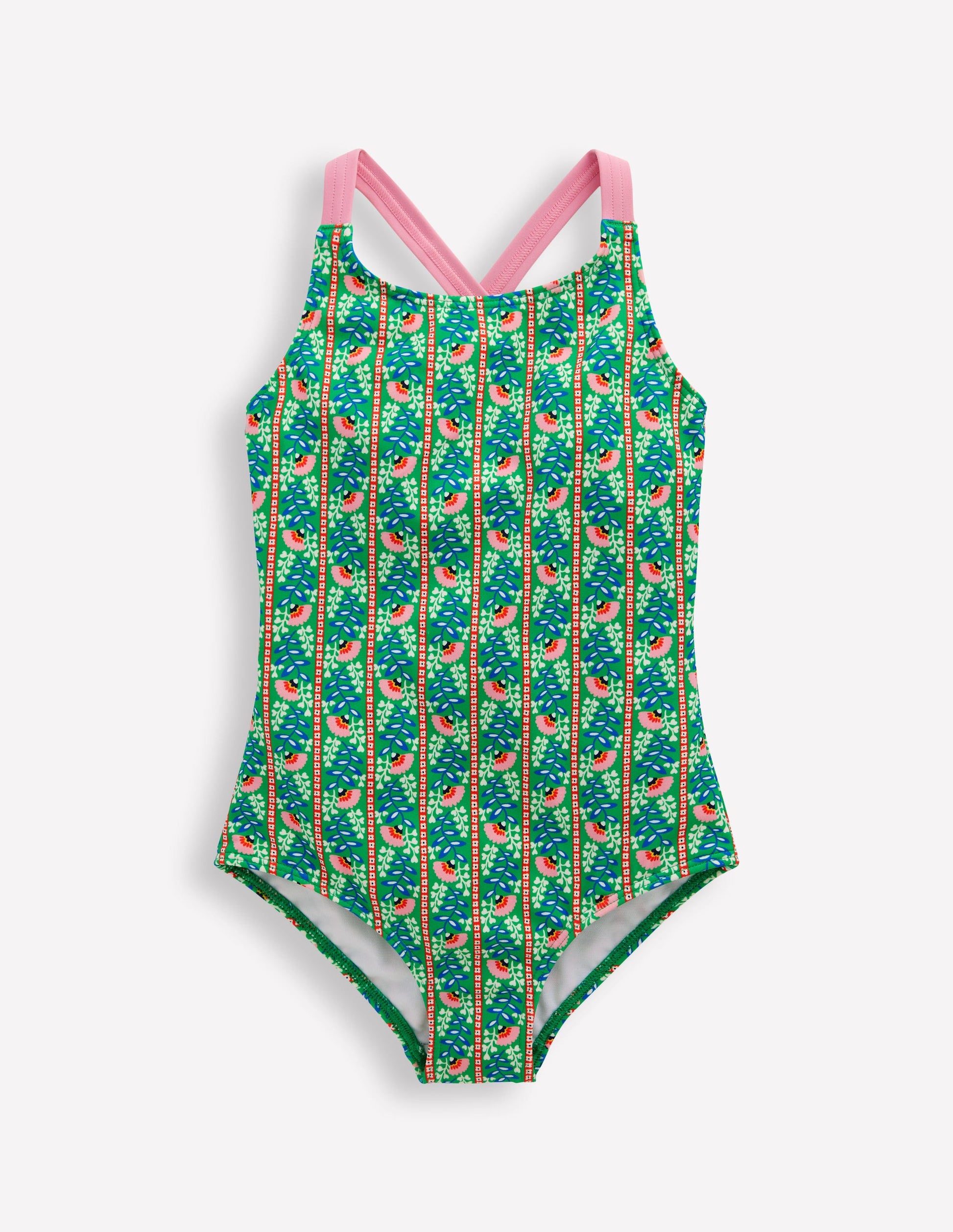 Cross-Back Printed Swimsuit-Green Floral Vine-1
