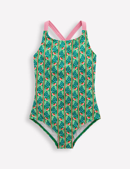 Cross-Back Printed Swimsuit-Green Floral Vine-1