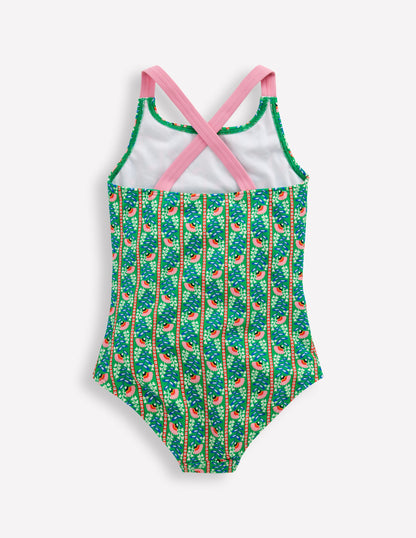 Cross-Back Printed Swimsuit-Green Floral Vine-2