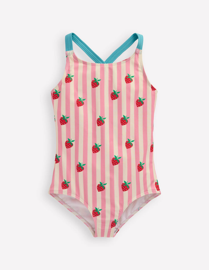 Cross-Back Printed Swimsuit-Pink Strawberry Stripe