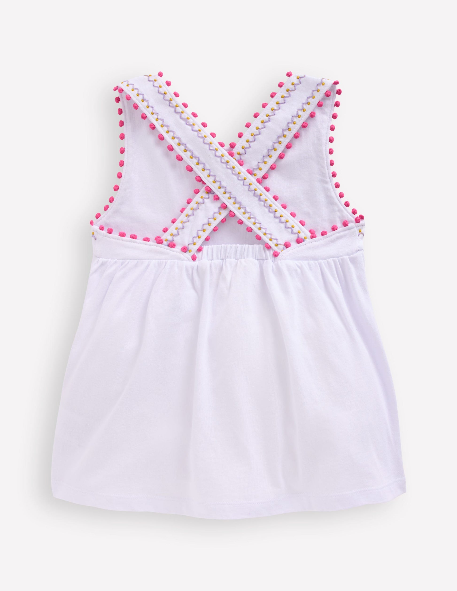 Cross-Back Pom Trim Top-White-2