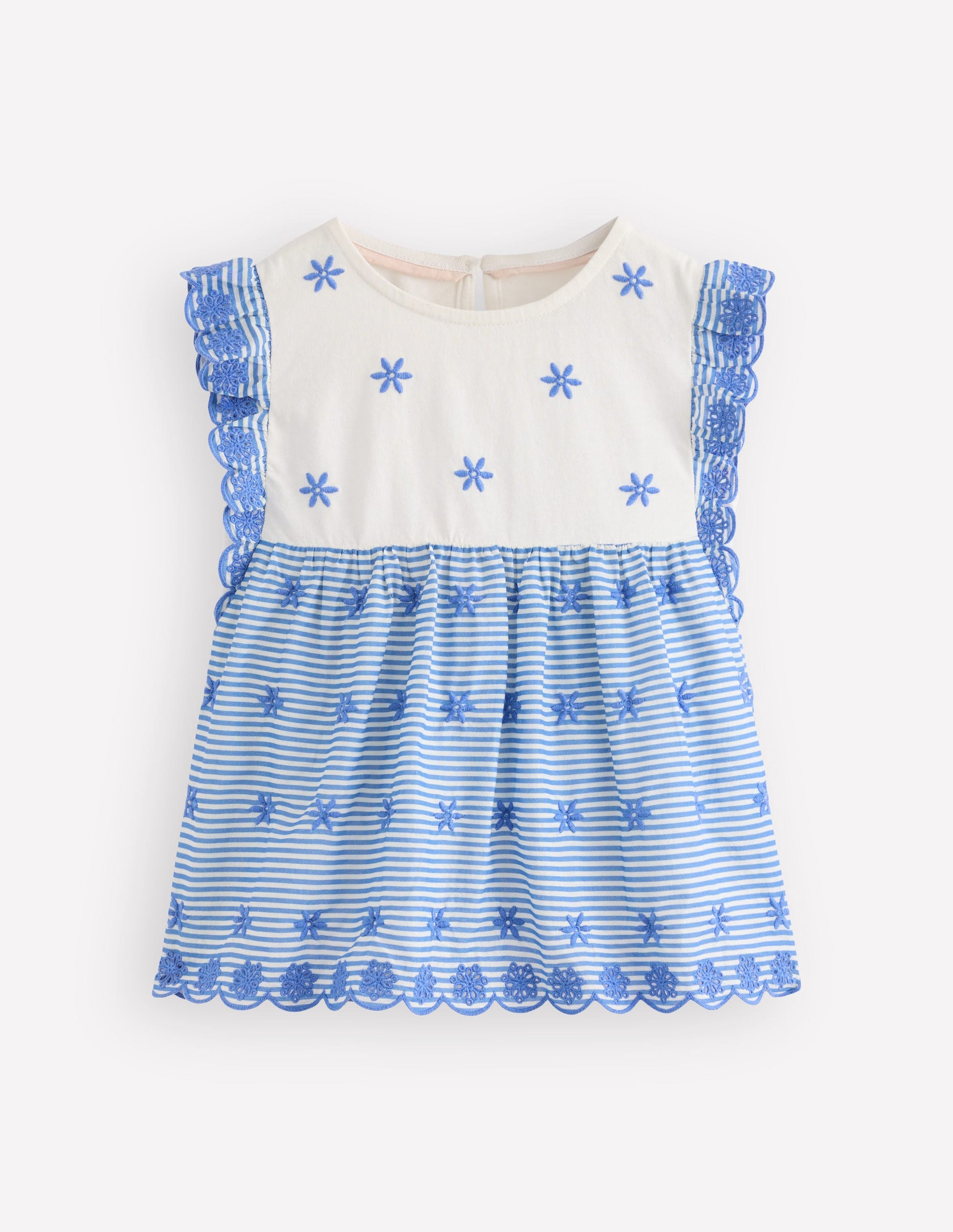 Fabric Mix Broderie Top-Blue Ticking-1
