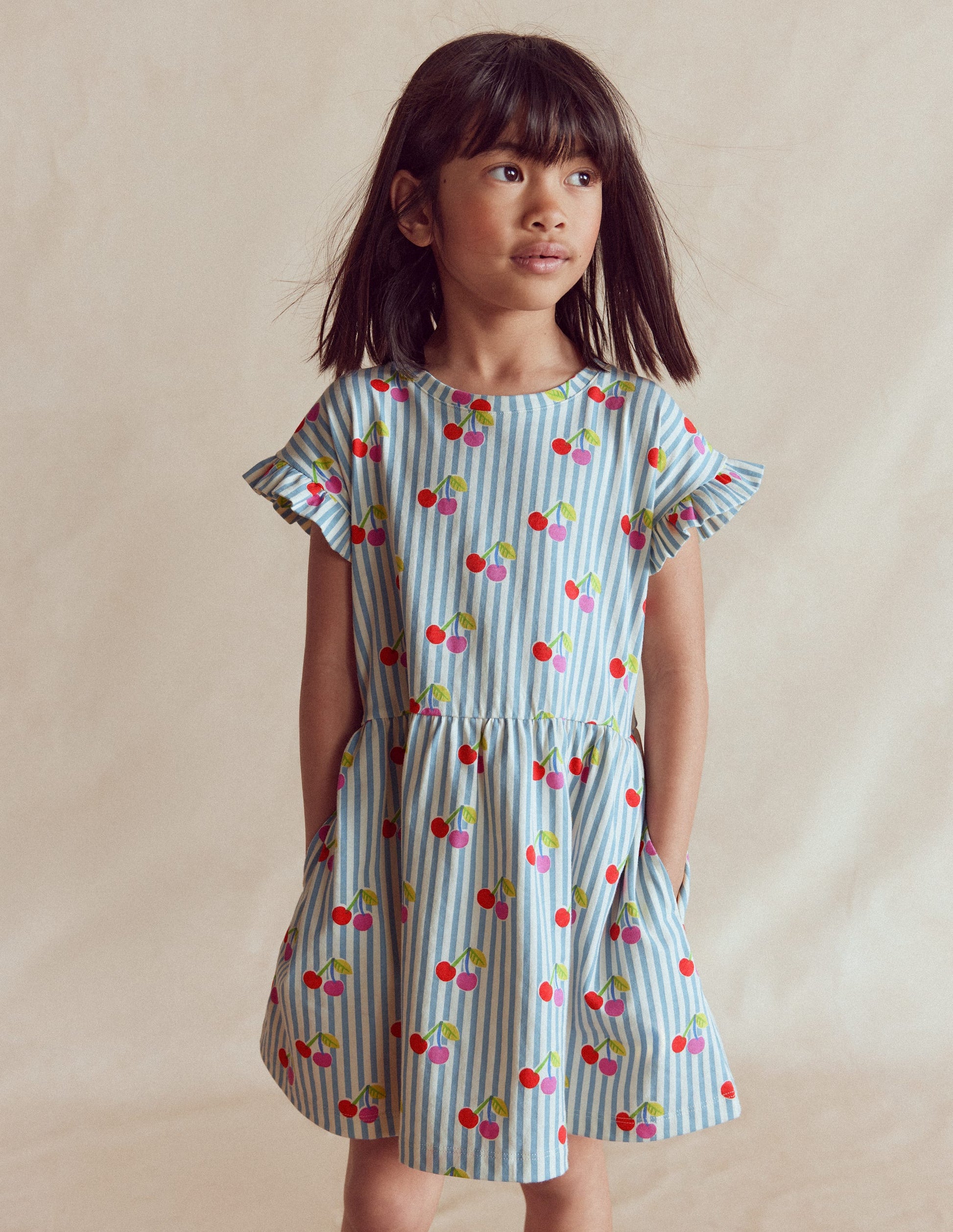 Jersey T-Shirt Dress-Blue Cherry Stripe-1