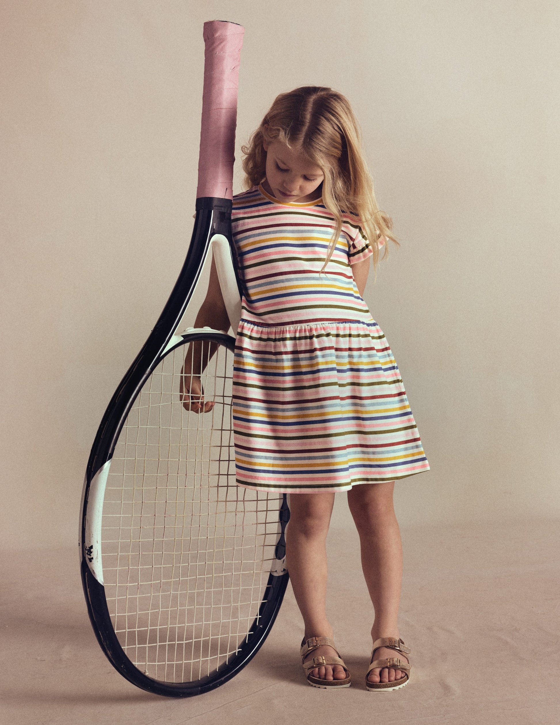 Jersey T-Shirt Dress-Maroon, Pink and Blue Stripe-1