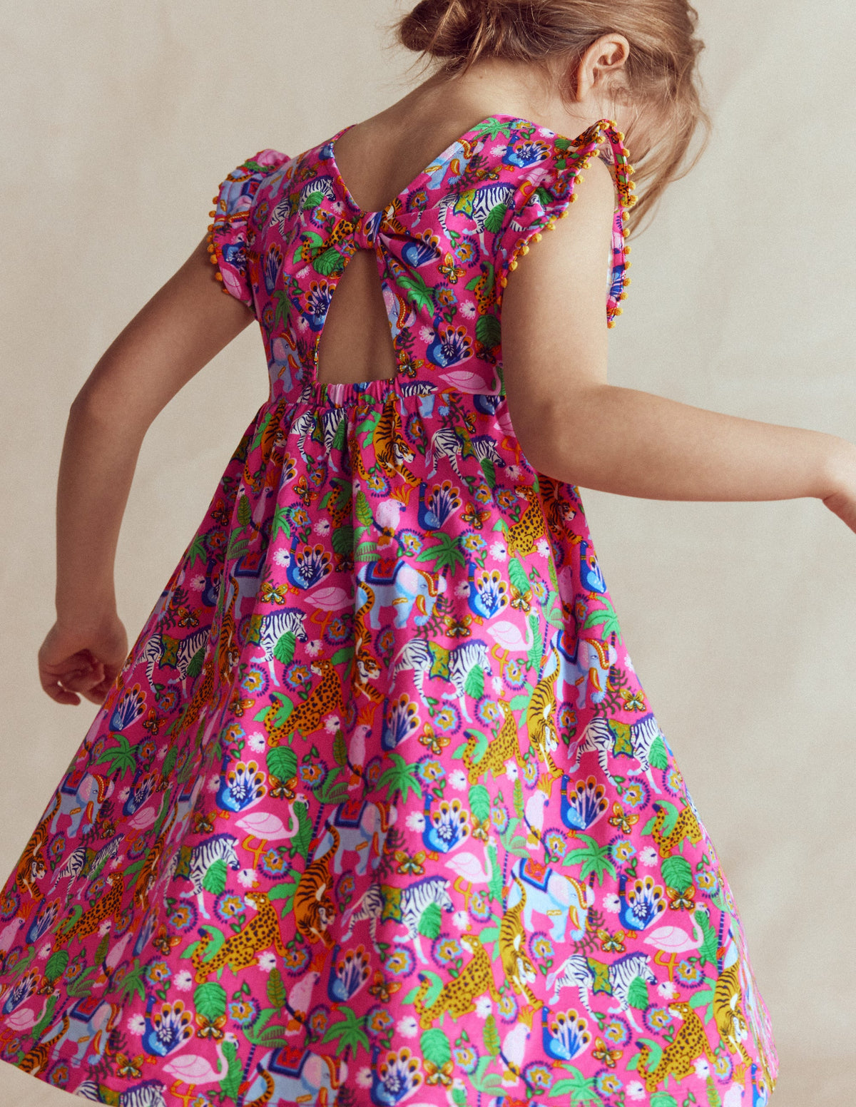 Clover Bow Back Jersey Dress-Flamingo Pink Jungle Animals - Image 1