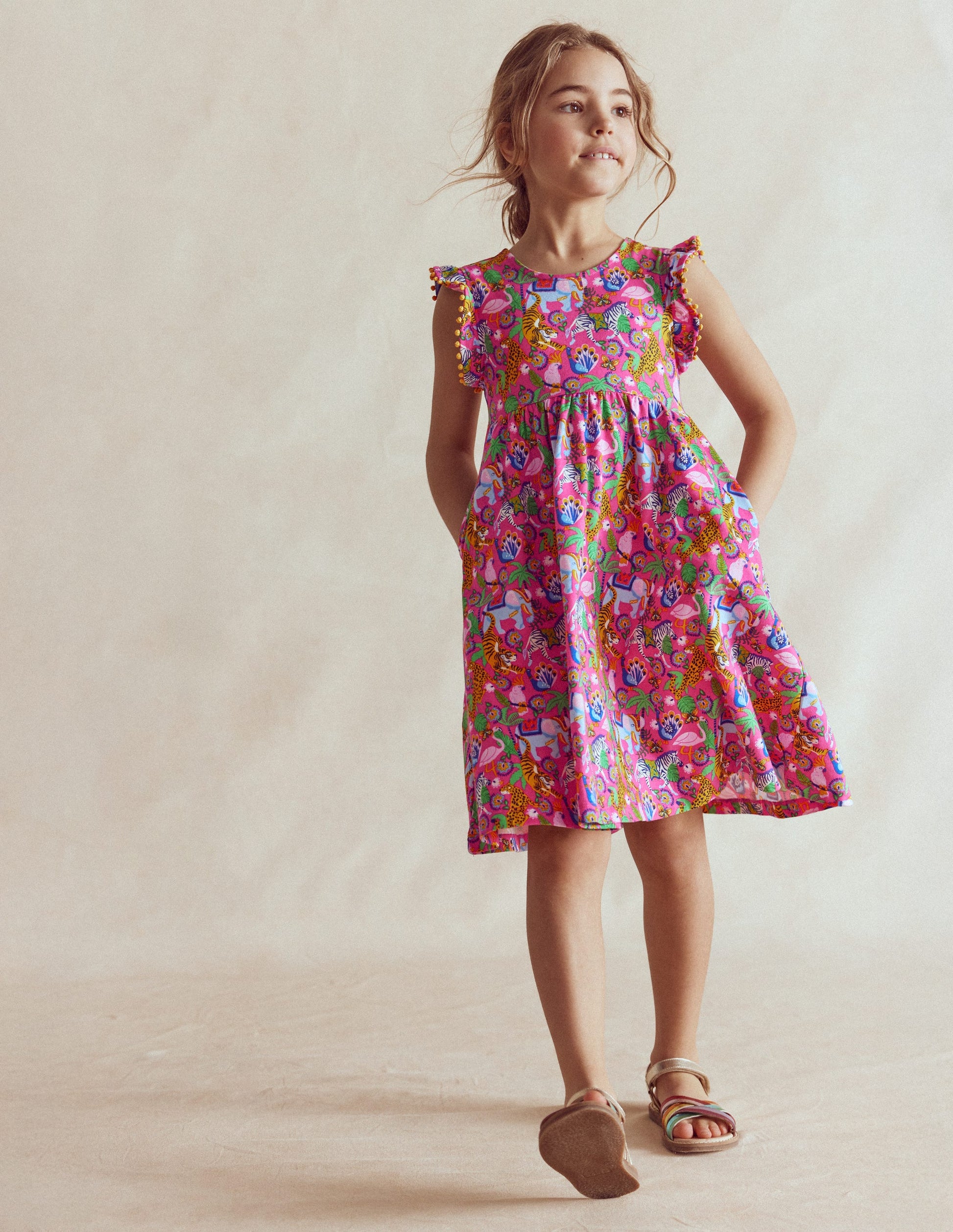 Clover Bow Back Jersey Dress-Flamingo Pink Jungle Animals-3