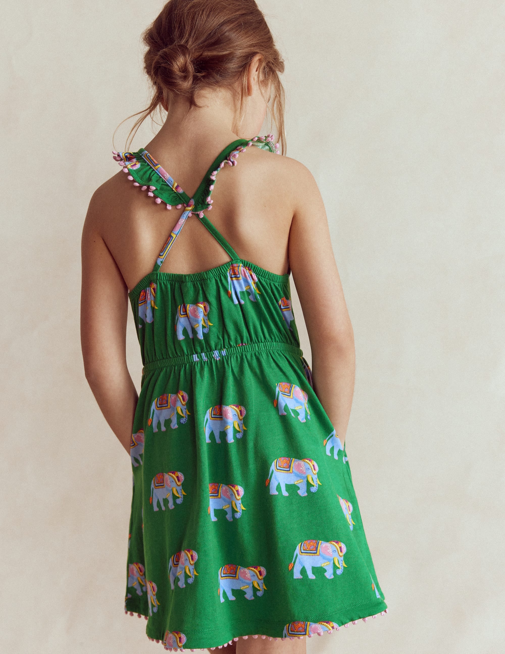 Ruffle Neck Trim Dress-Highland Green Elephants - Image 1