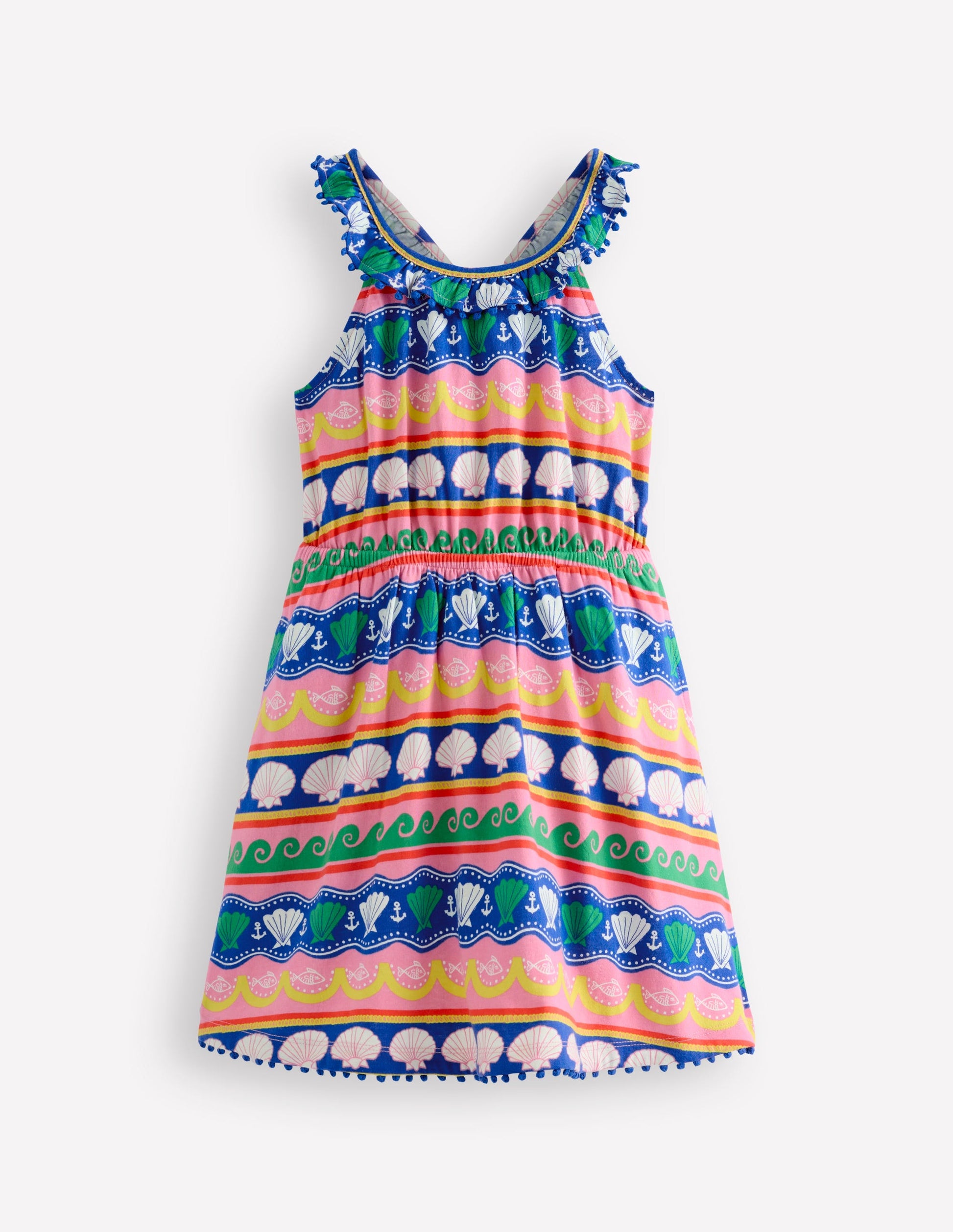 Ruffle Neck Trim Dress-Multi Seashell Stripe-1