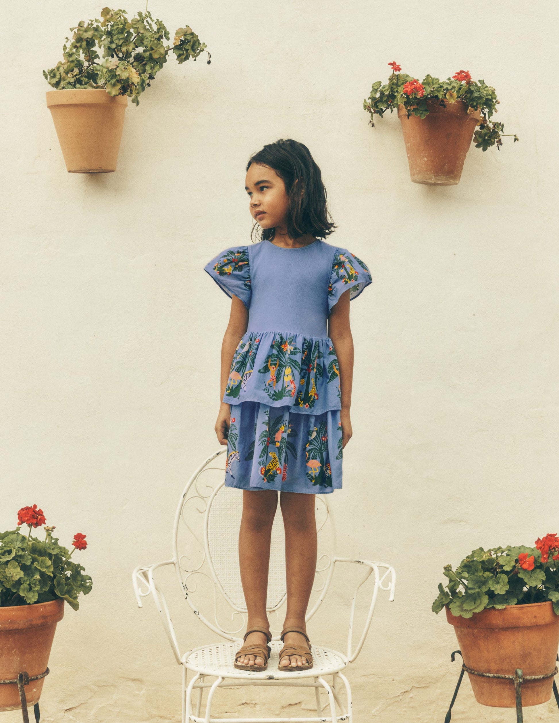 Woven Mix Twirly Dress-Azure Blue Jungle Trellis-4