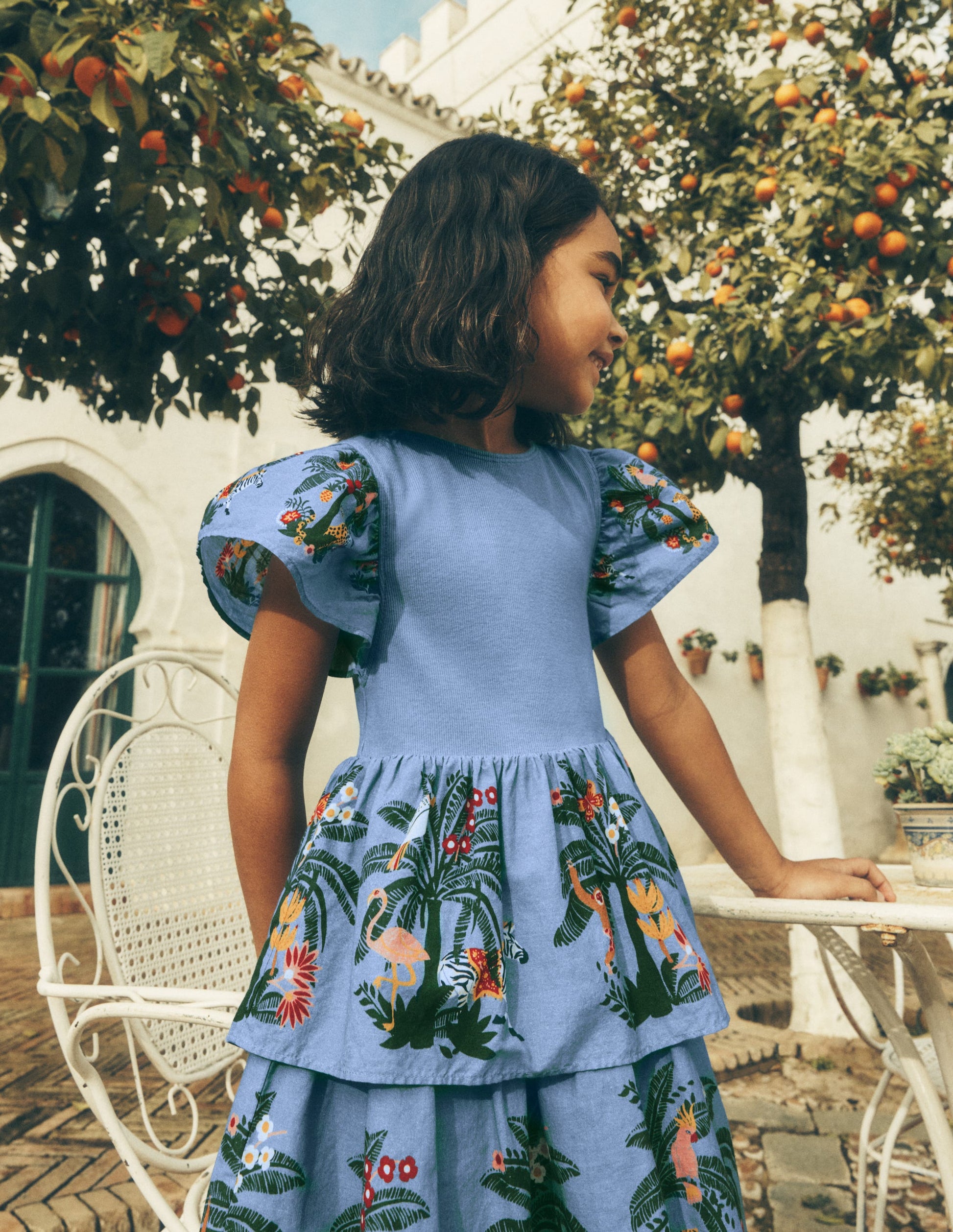 Woven Mix Twirly Dress-Azure Blue Jungle Trellis-5