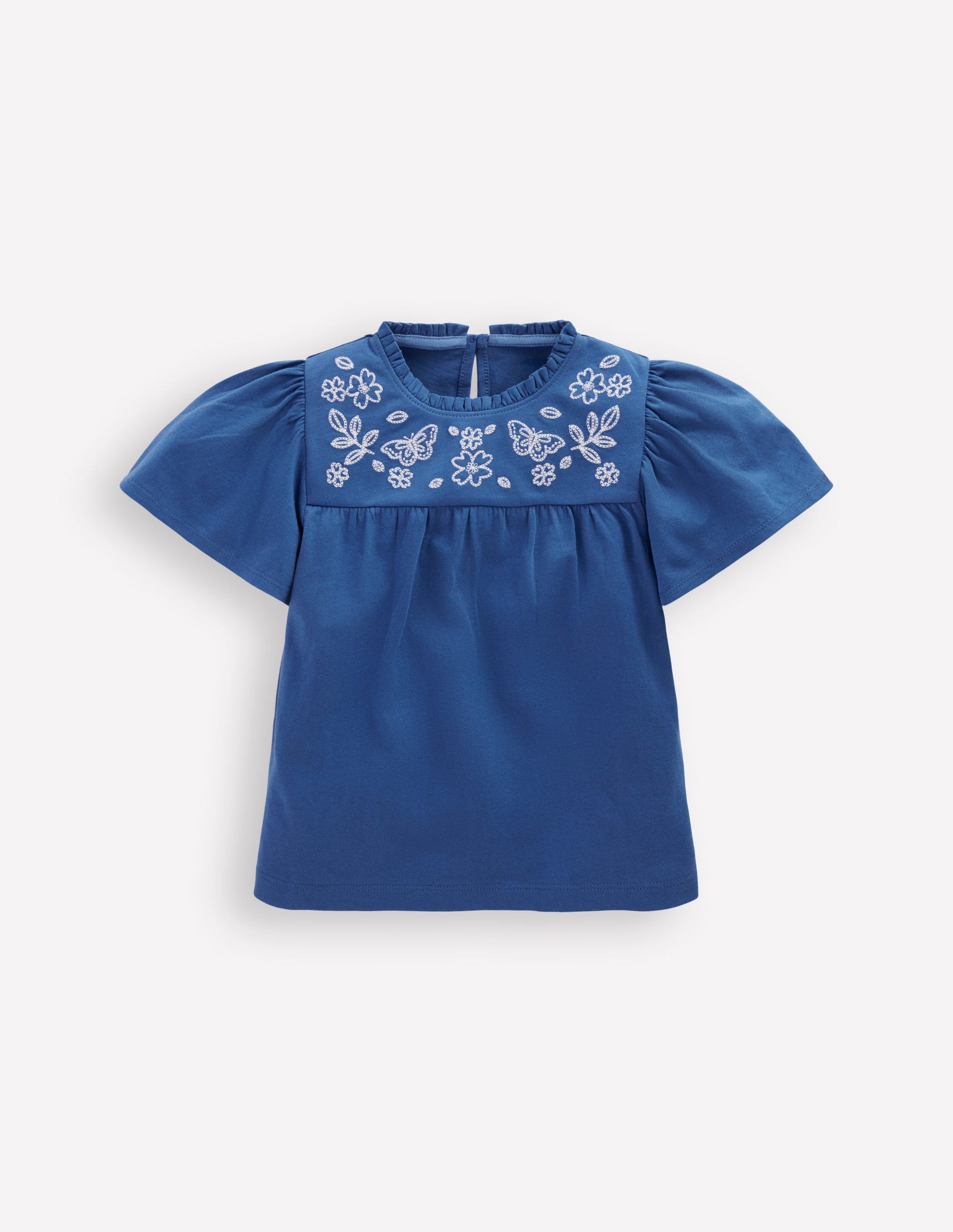 Embroidered Flutter Sleeve Top-Sapphire Blue-1