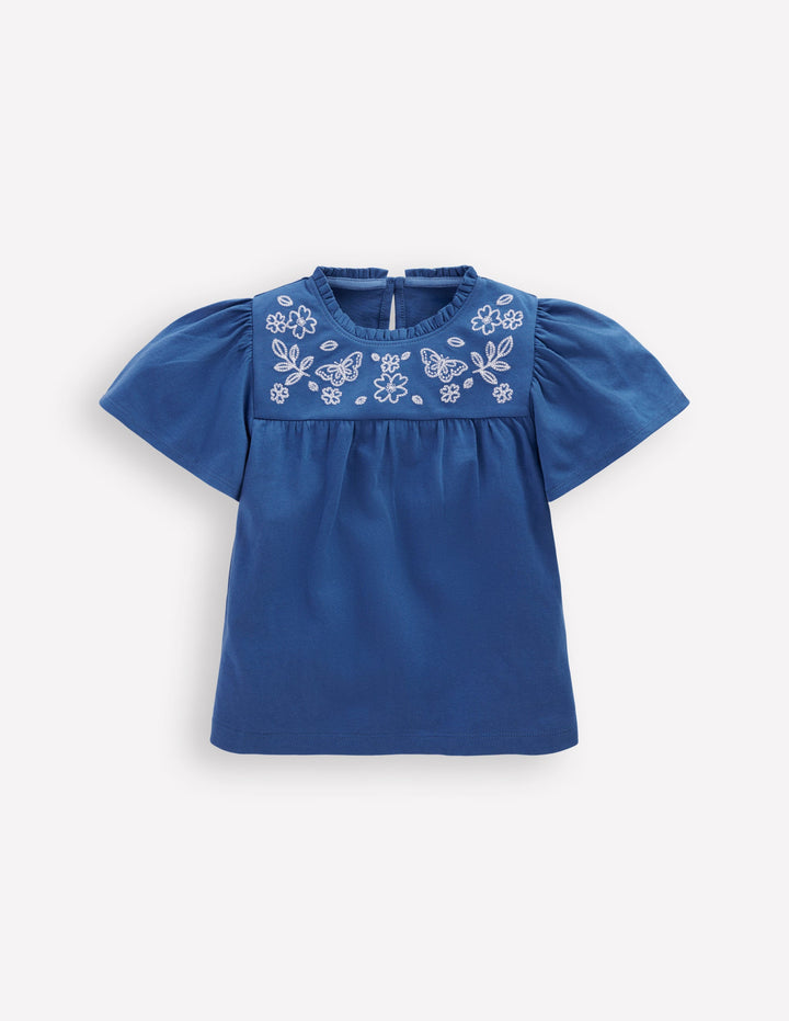 Embroidered Flutter Sleeve Top-Sapphire Blue