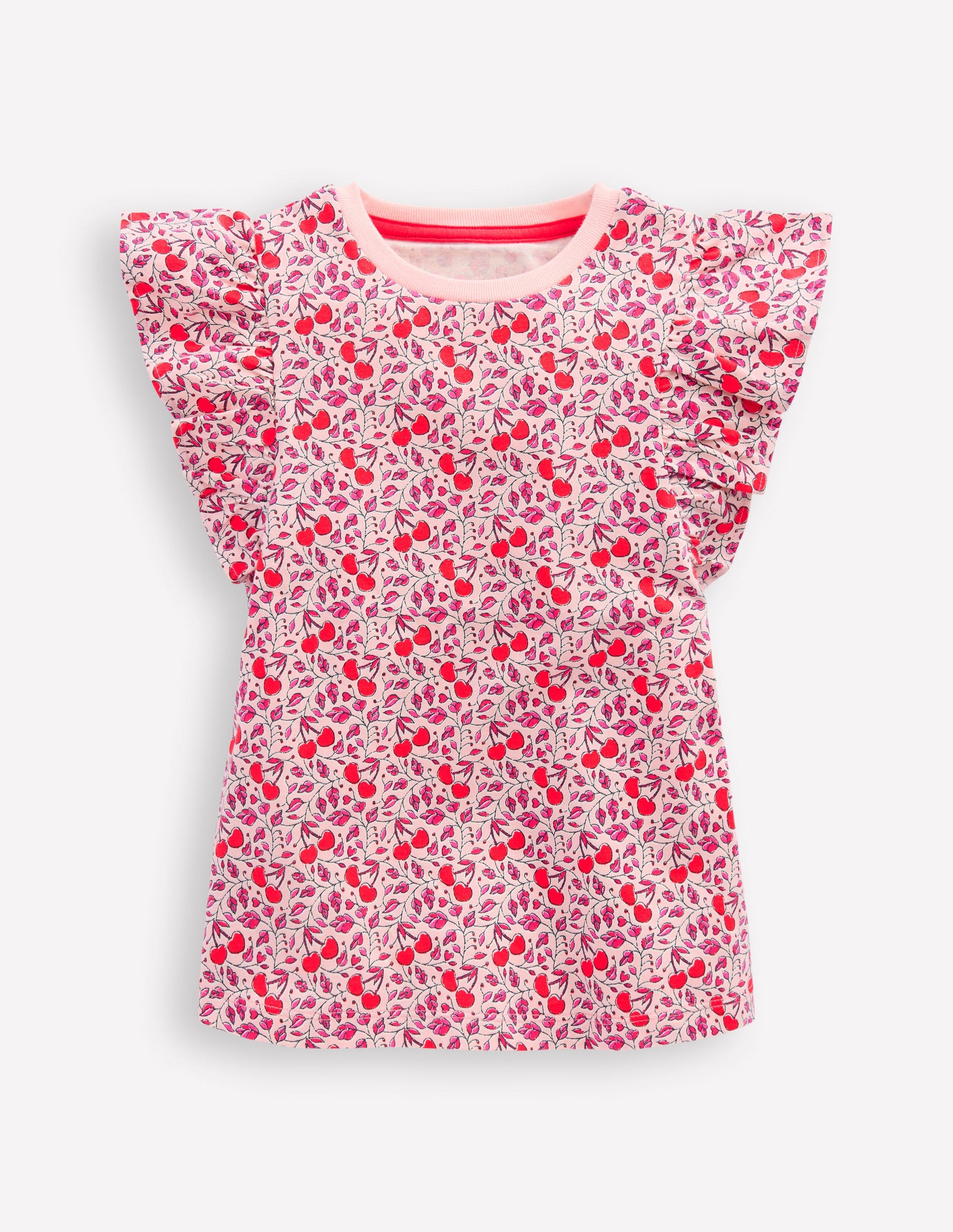 Frill Sleeve Printed Top-Pink Cherries-1