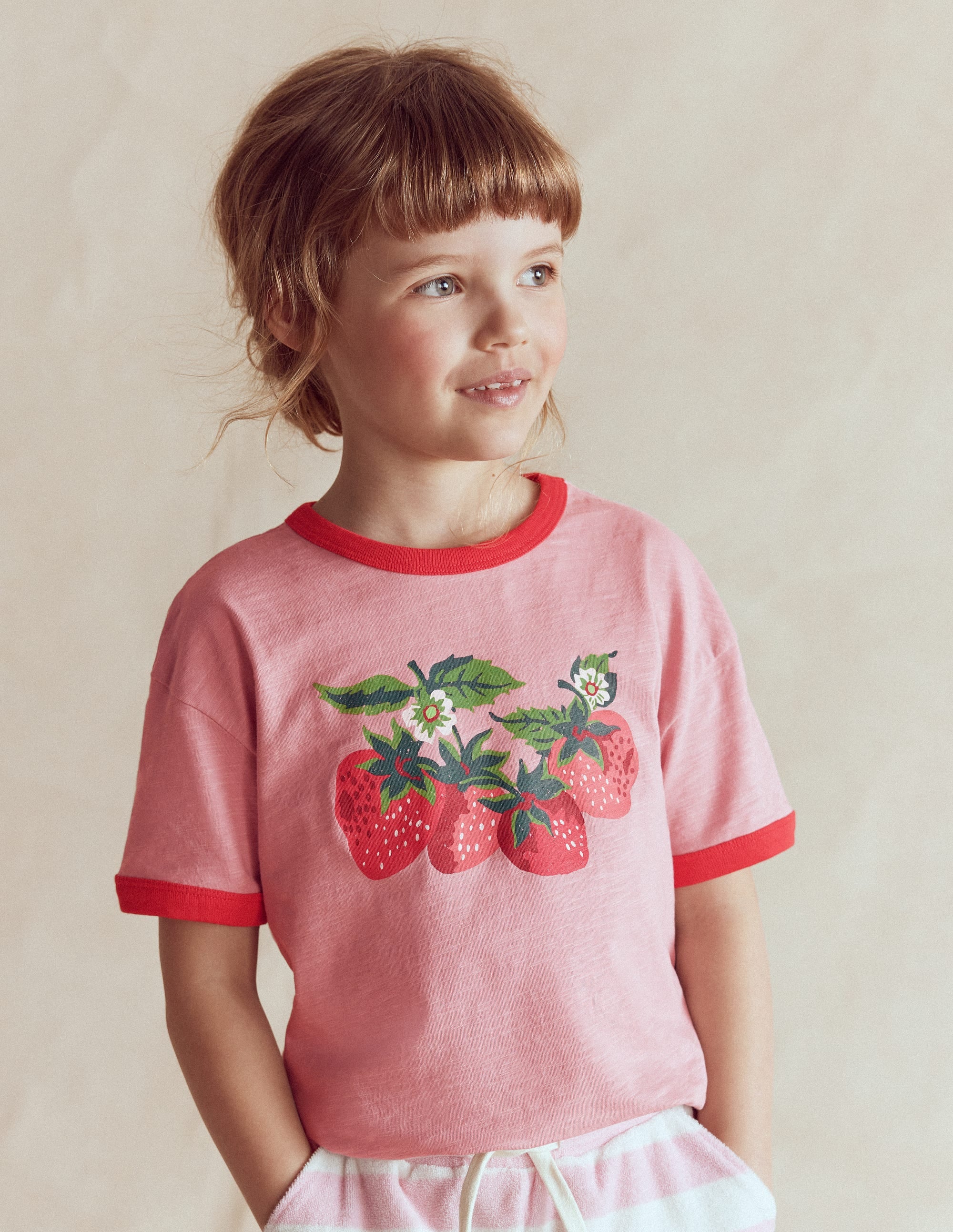 Printed Ringer T-shirt-Vintage Pink Strawberries - Image 1