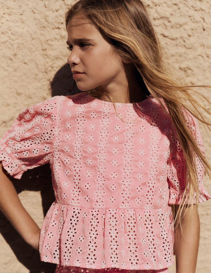 Peplum Woven Top-Almond Pink Broderie