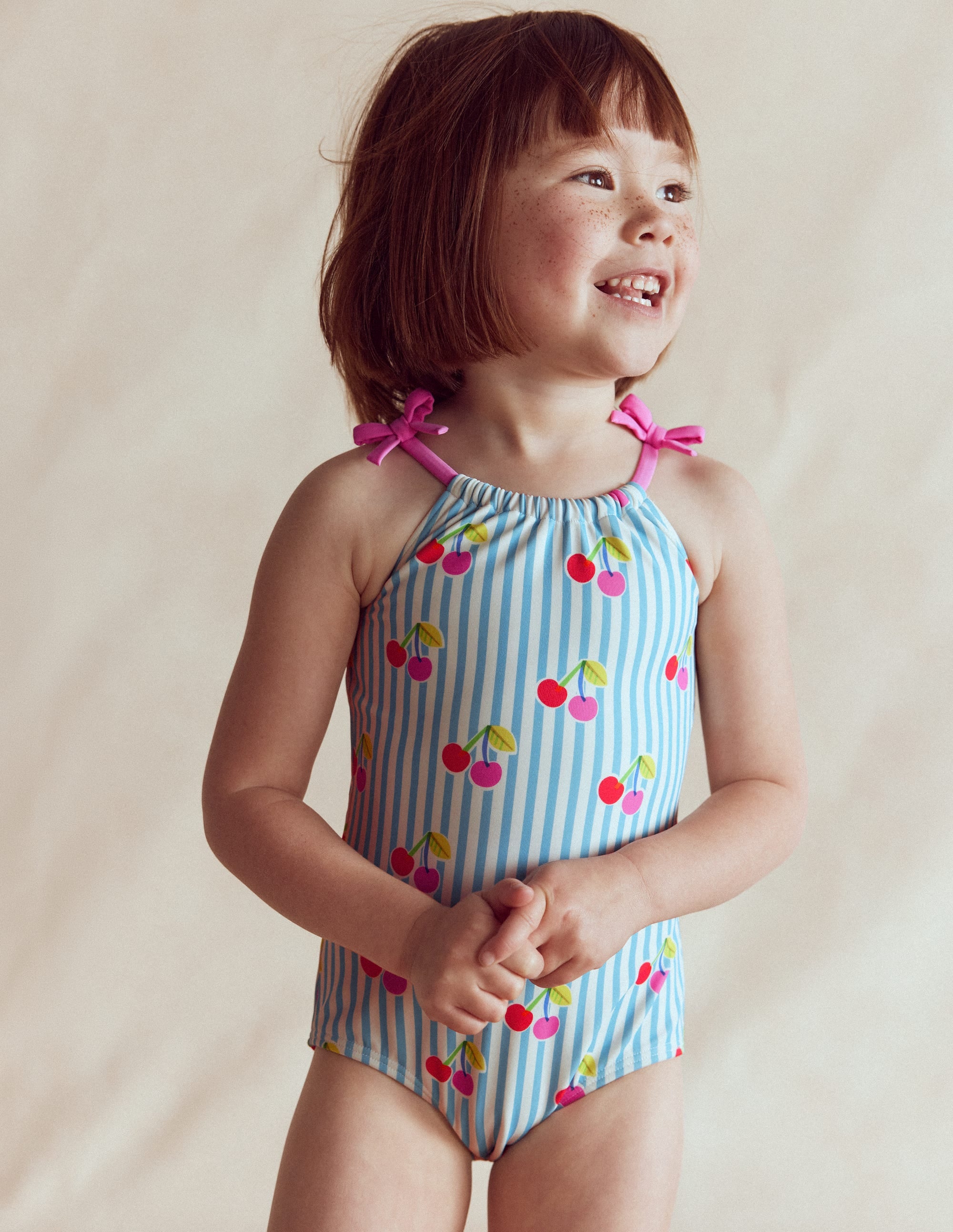Tie Shoulder Swimsuit-Cloud Blue Stripe Cherries - Image 3