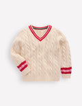 V-neck Cable Jumper-Ecru Marl