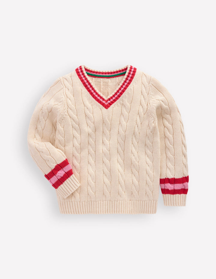 V-neck Cable Jumper-Ecru Marl