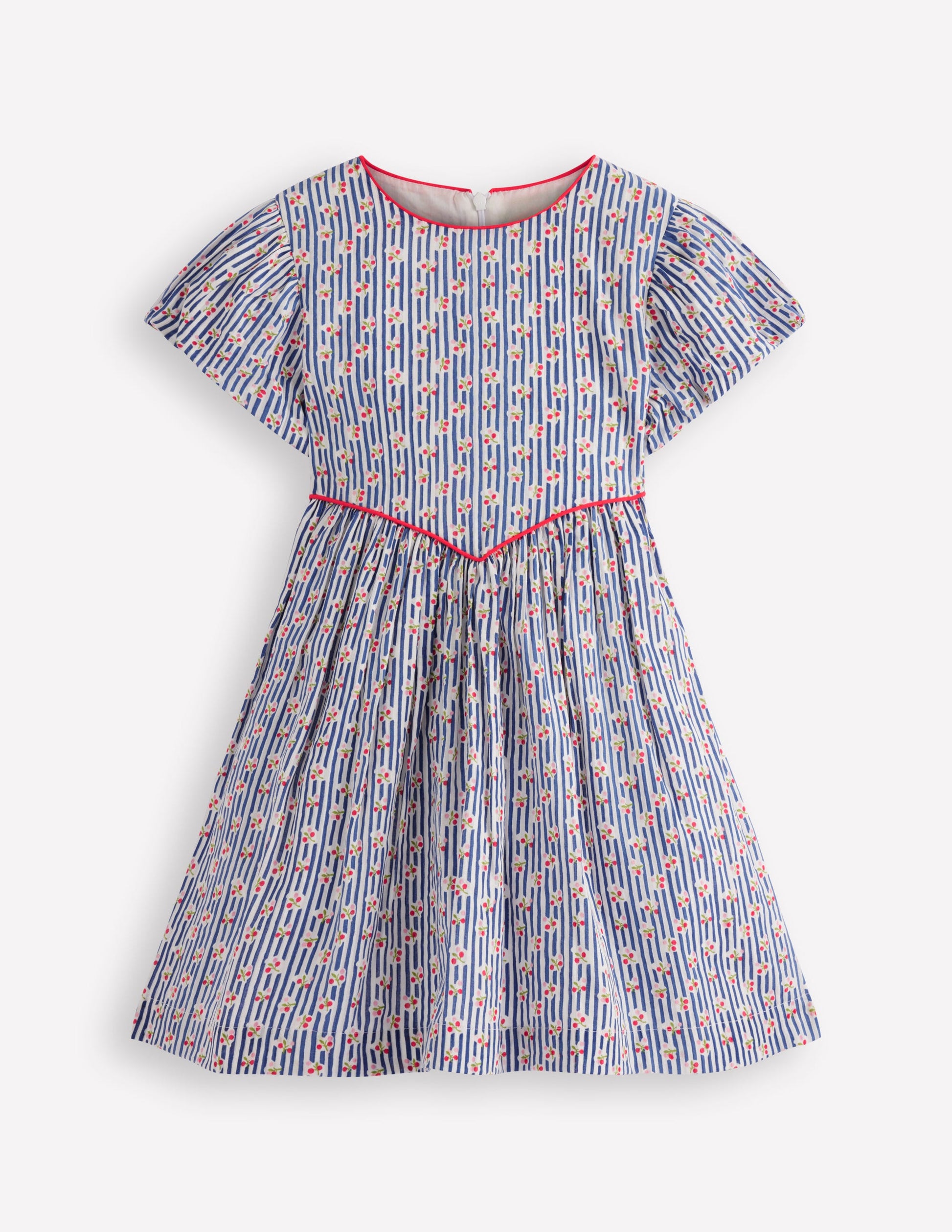 V-waist Woven Dress-Bluejay Cherry Stripe-4
