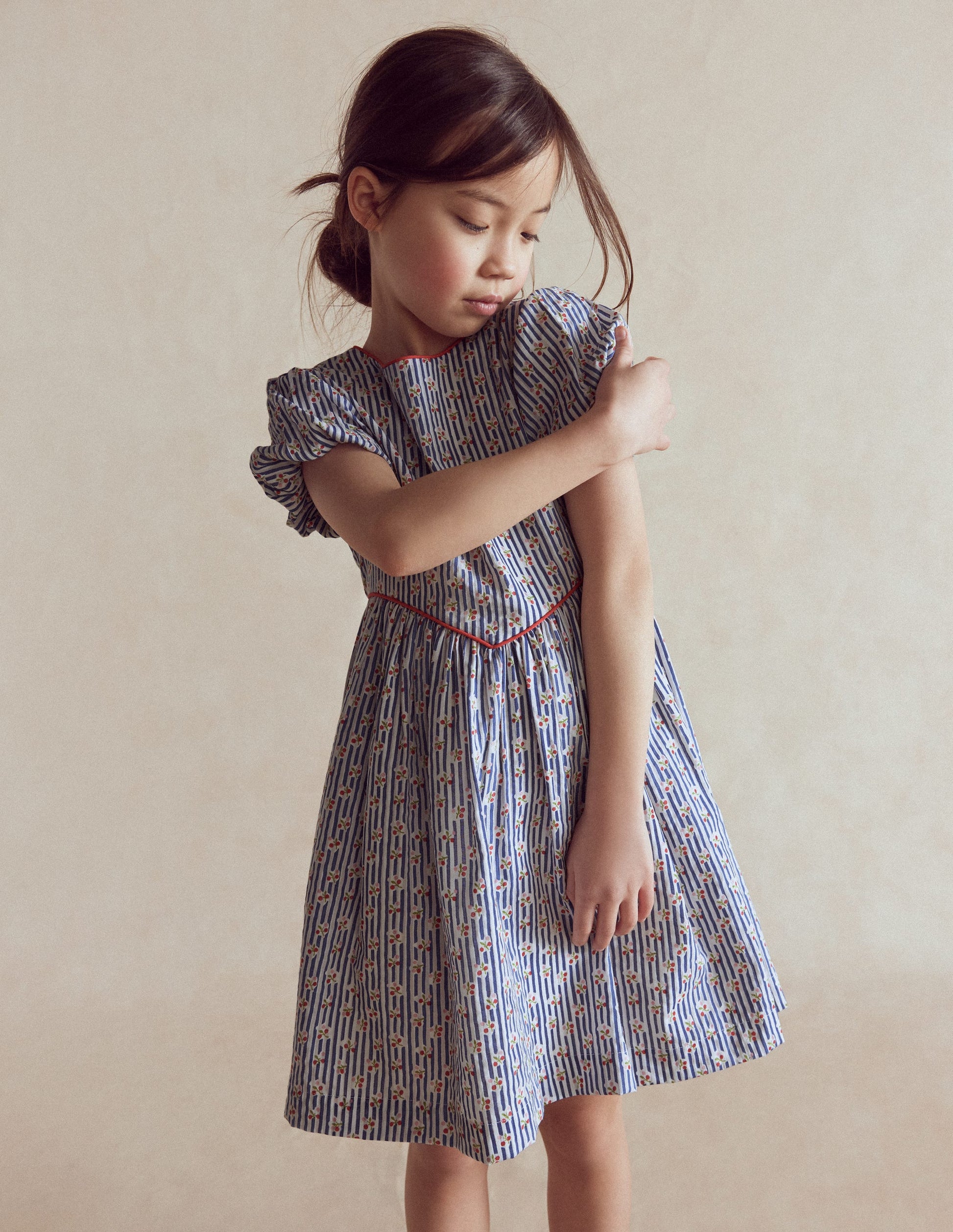 V-waist Woven Dress-Bluejay Cherry Stripe-1