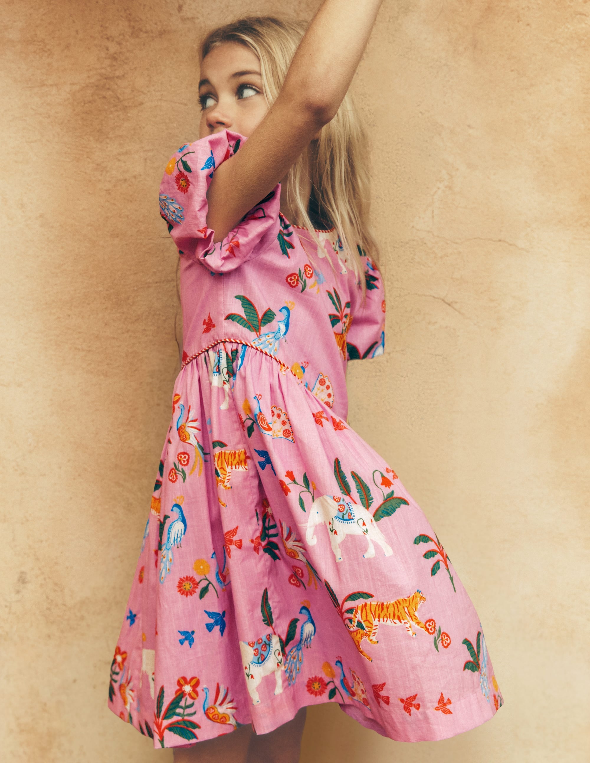 V-waist Woven Dress-Formica Pink Tropical Animals - Image 5