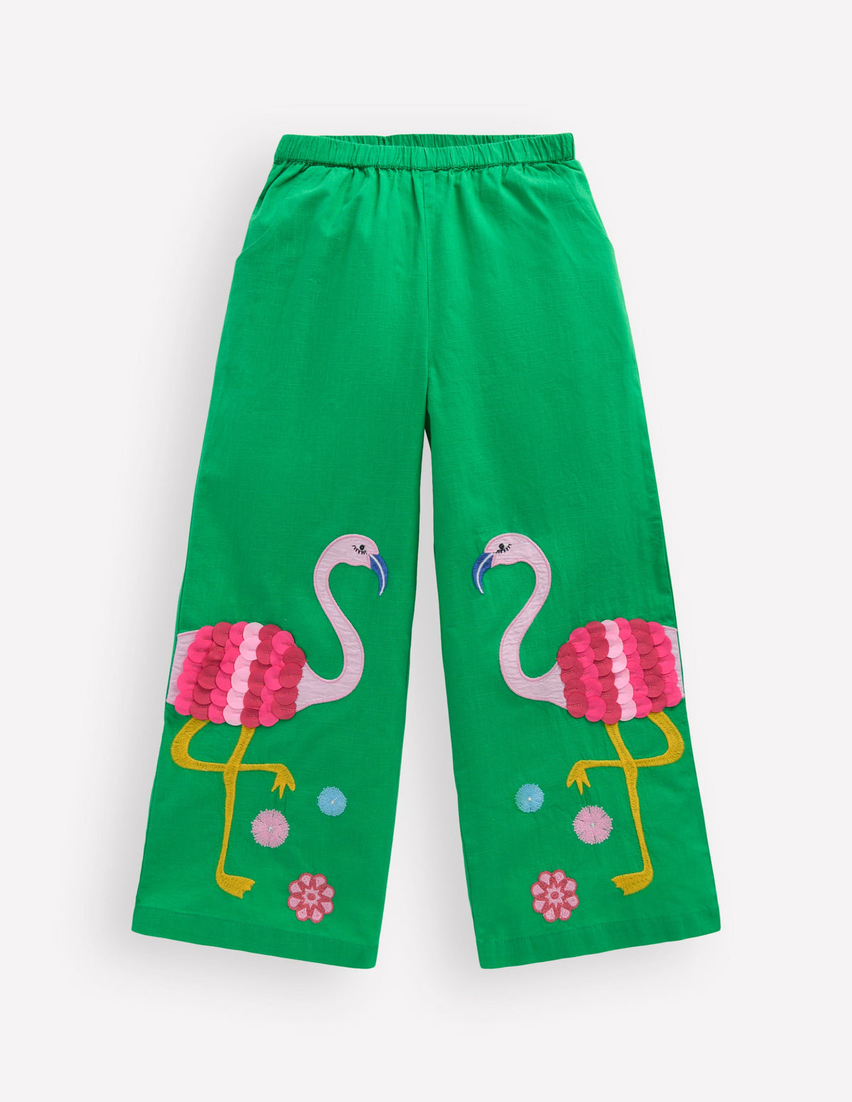 Appliqué Pull-on Trousers-Green Flamingos - Image 1