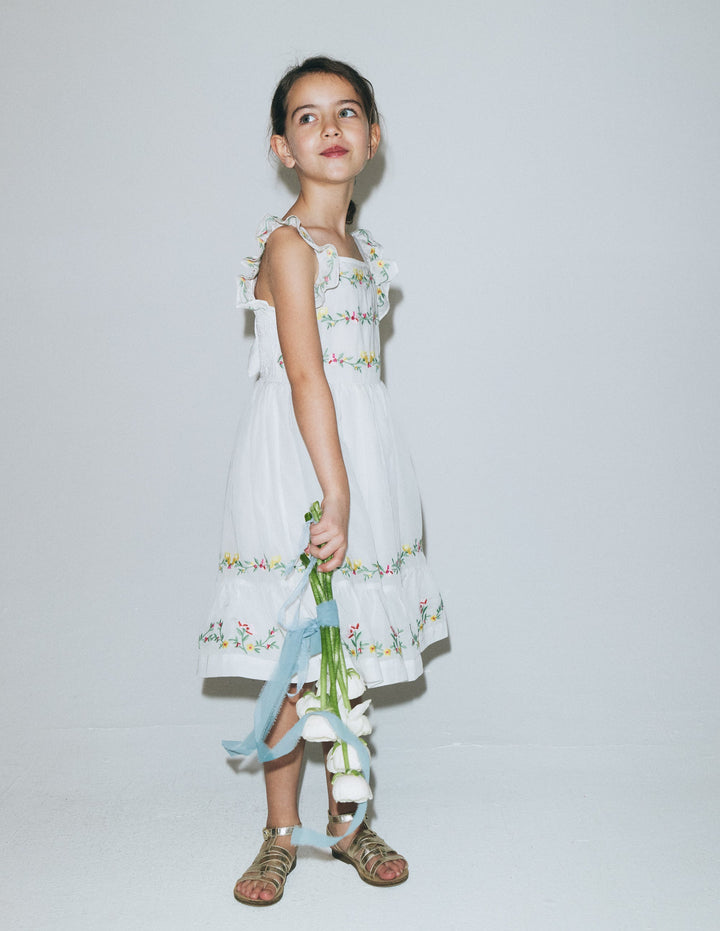 Shirred Embroidered Bow Dress-Soft Ivory