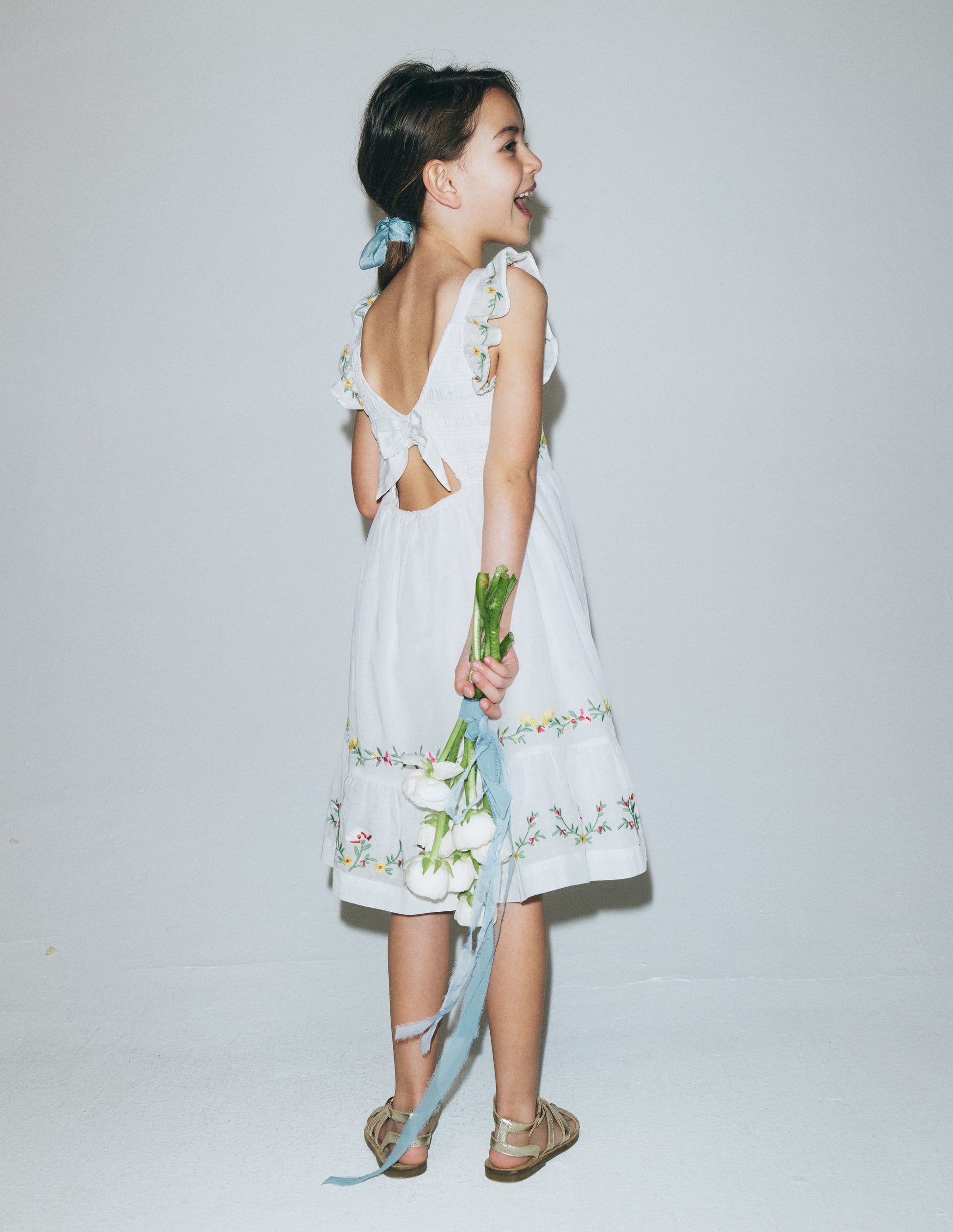 Shirred Bow Back Detail Dress-Soft Ivory-1