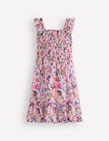 Shirred Bow Back Detail Dress-Multi Pink Floral