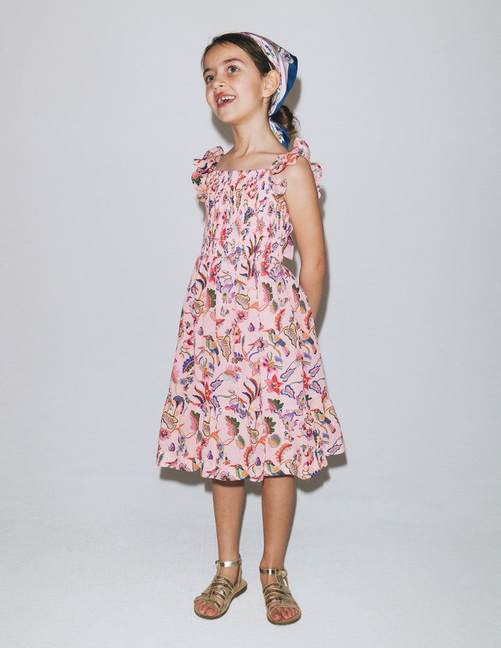 Shirred Embroidered Bow Dress-Multi Pink Floral