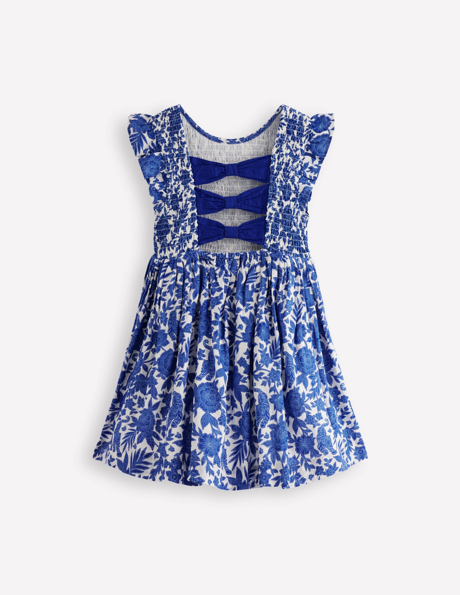Bow Back Shirred Dress-Bright Blue Jungle Woodblock-3