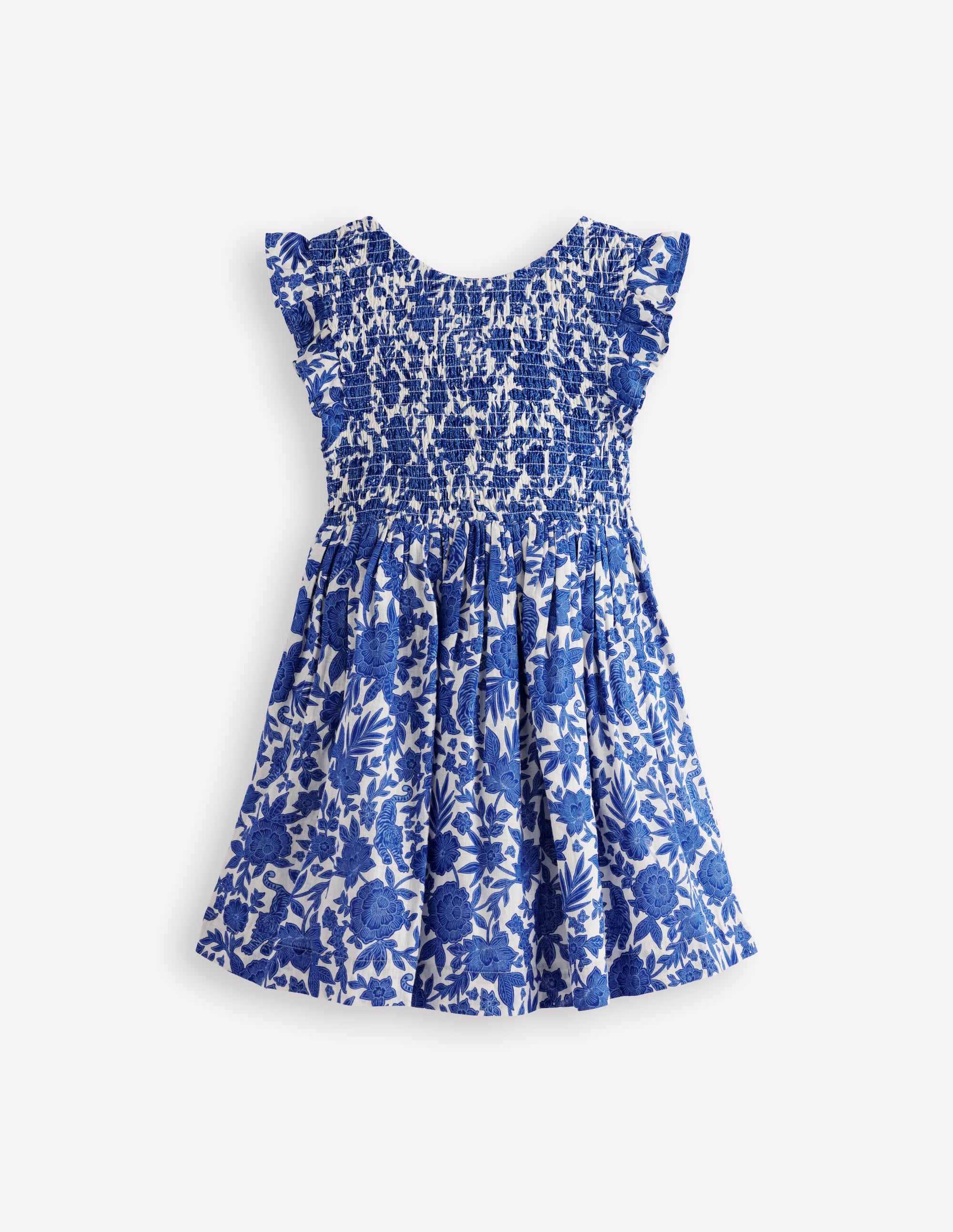 Bow Back Shirred Dress-Bright Blue Jungle Woodblock - Image 2