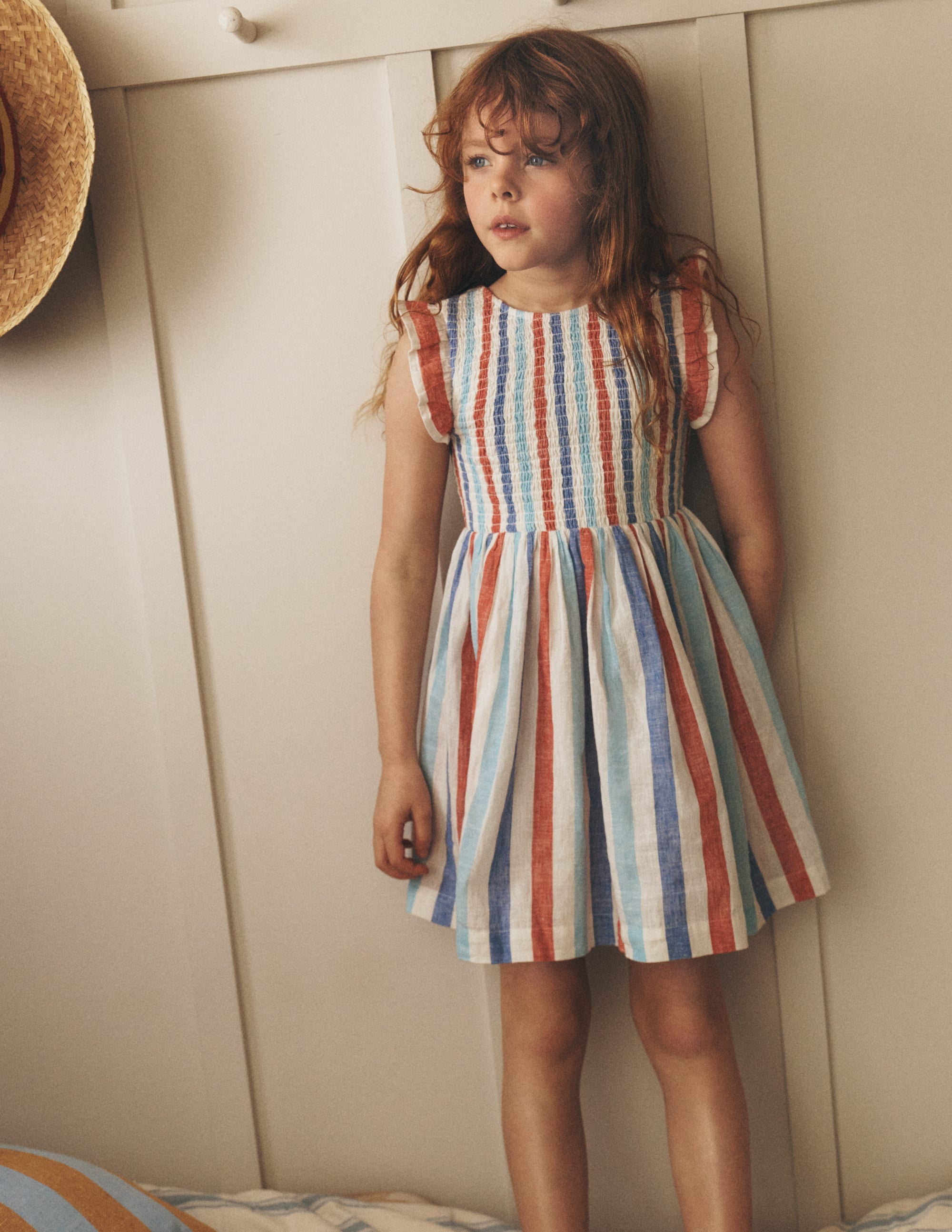 Bow Back Shirred Dress-Bright Blue/ Poppy Red Stripe - Image 2