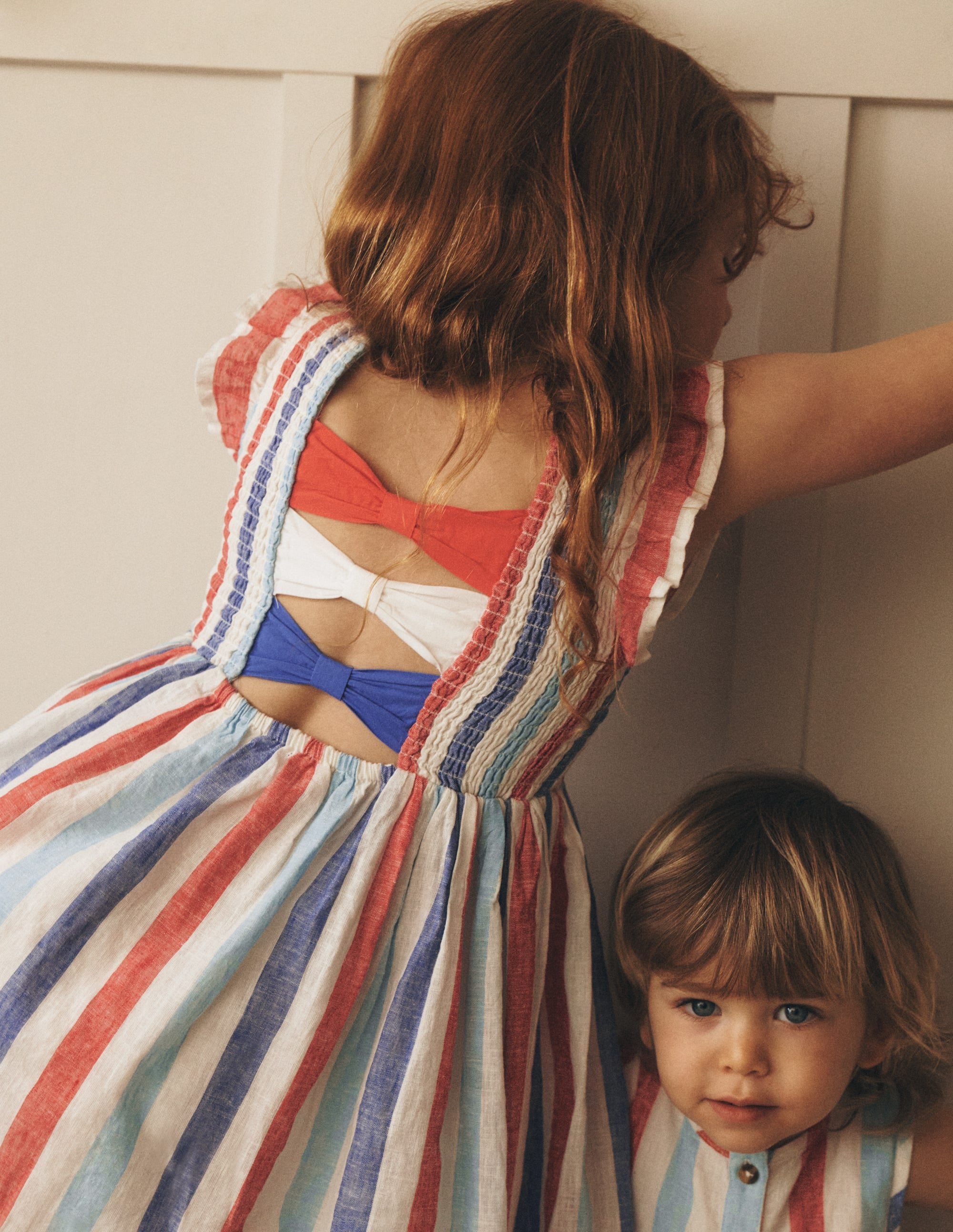 Bow Back Shirred Dress-Bright Blue/ Poppy Red Stripe - Image 1
