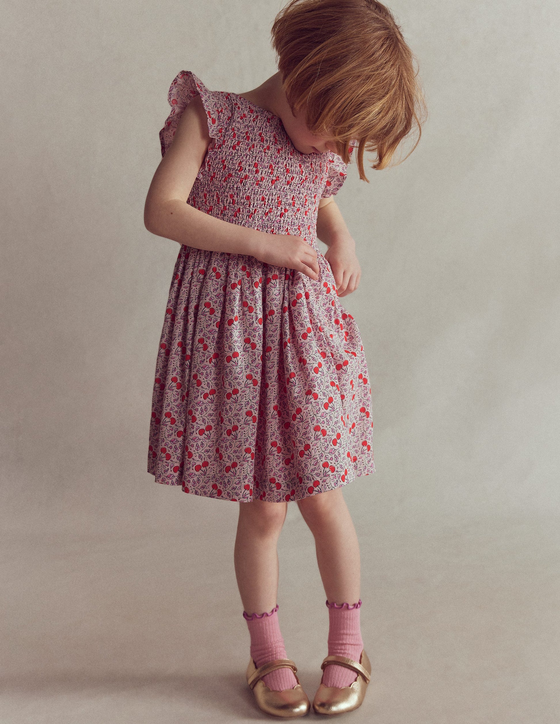 Bow Back Shirred Dress-Pink Cherries-1