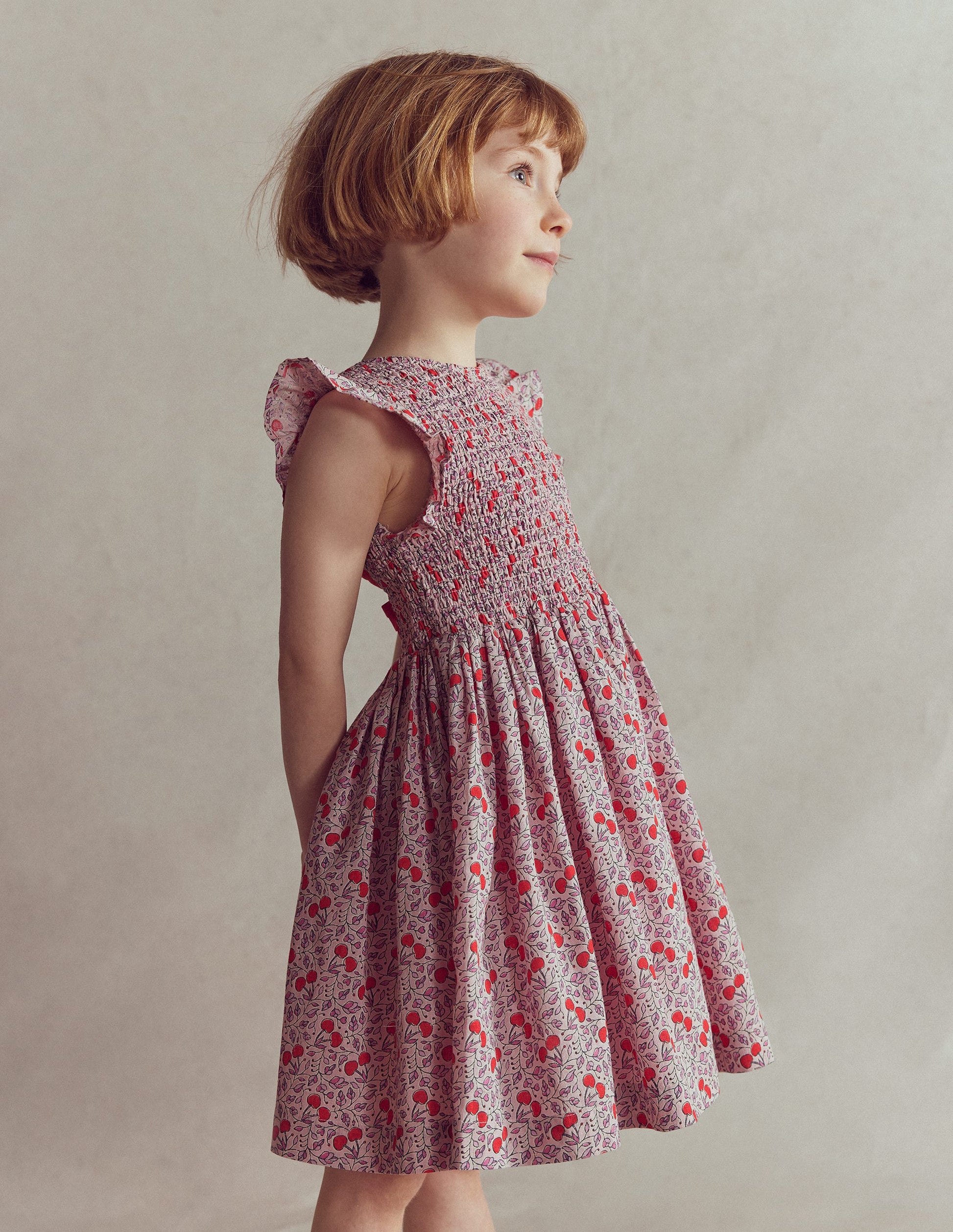 Bow Back Shirred Dress-Pink Cherries-5