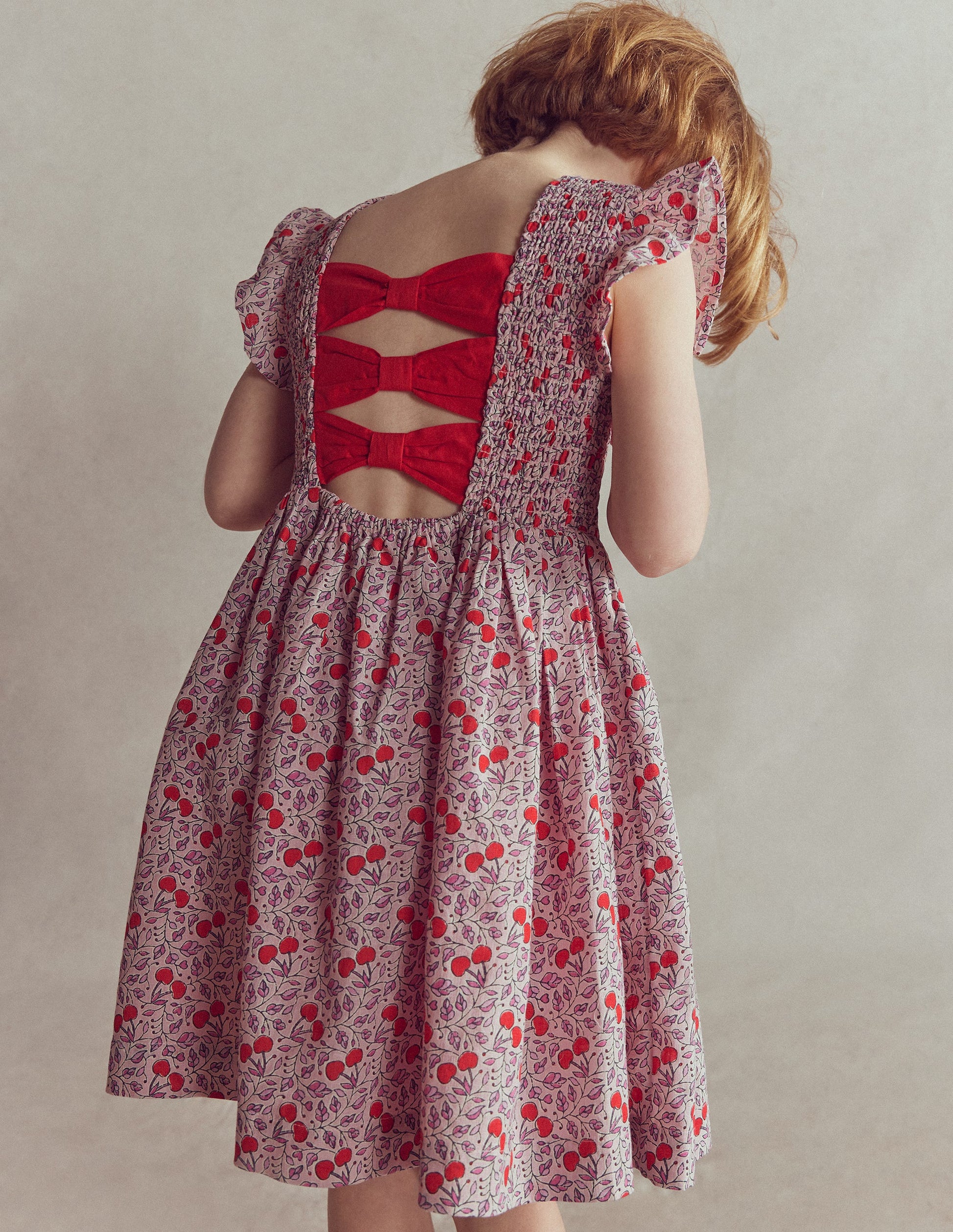 Bow Back Shirred Dress-Pink Cherries-3