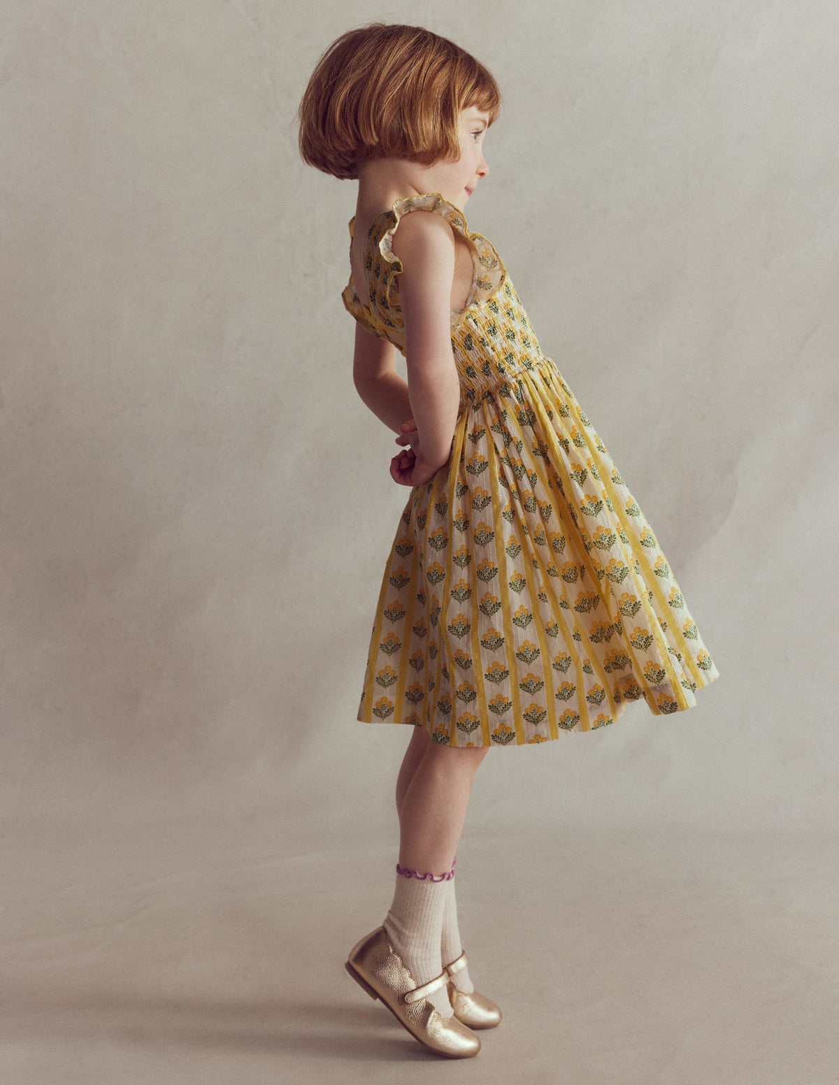 Bow Back Shirred Dress-Honeycomb Yellow Flower Stem - Image 1