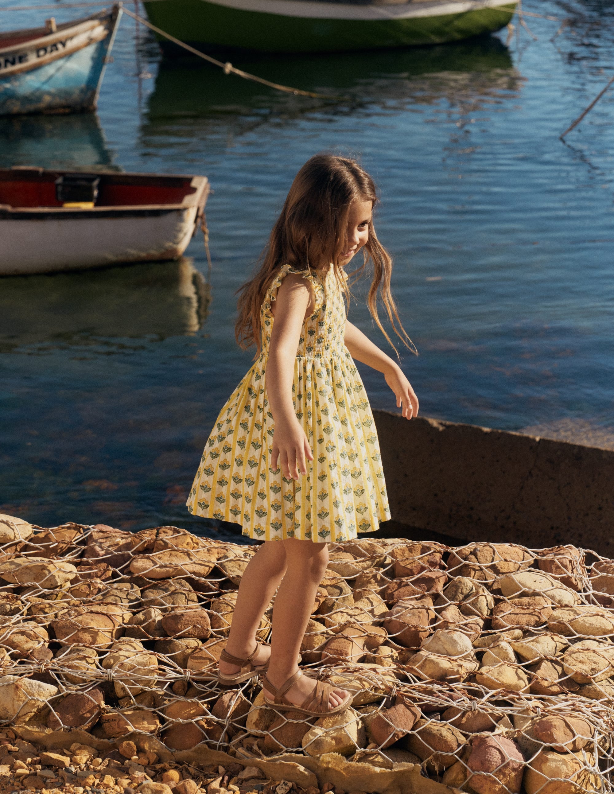 Bow Back Shirred Dress-Honeycomb Yellow Flower Stem - Image 5