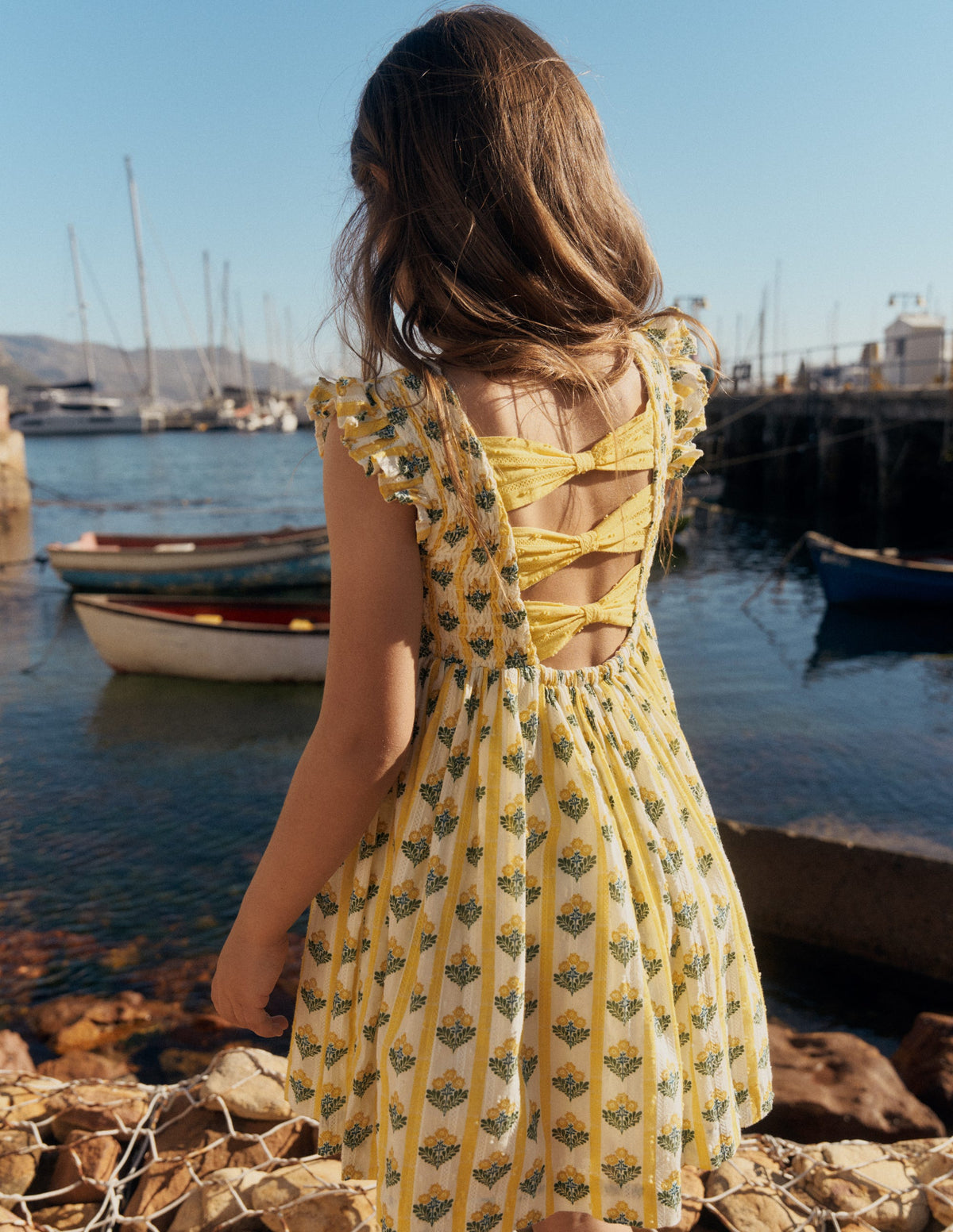 Bow Back Shirred Dress-Honeycomb Yellow Flower Stem - Image 6