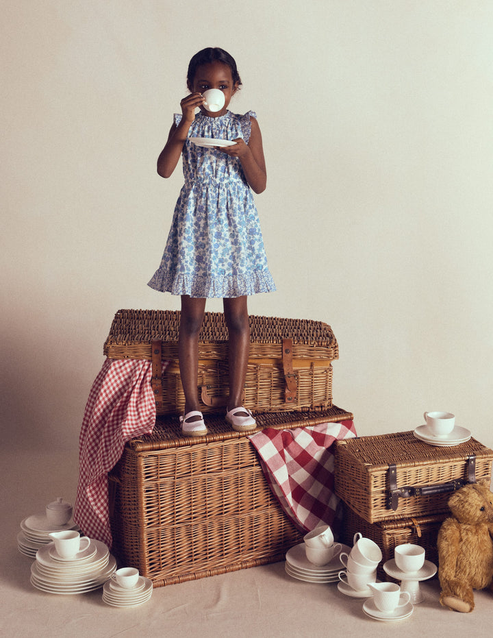 Gathered Woven Dress-Blue Sprig