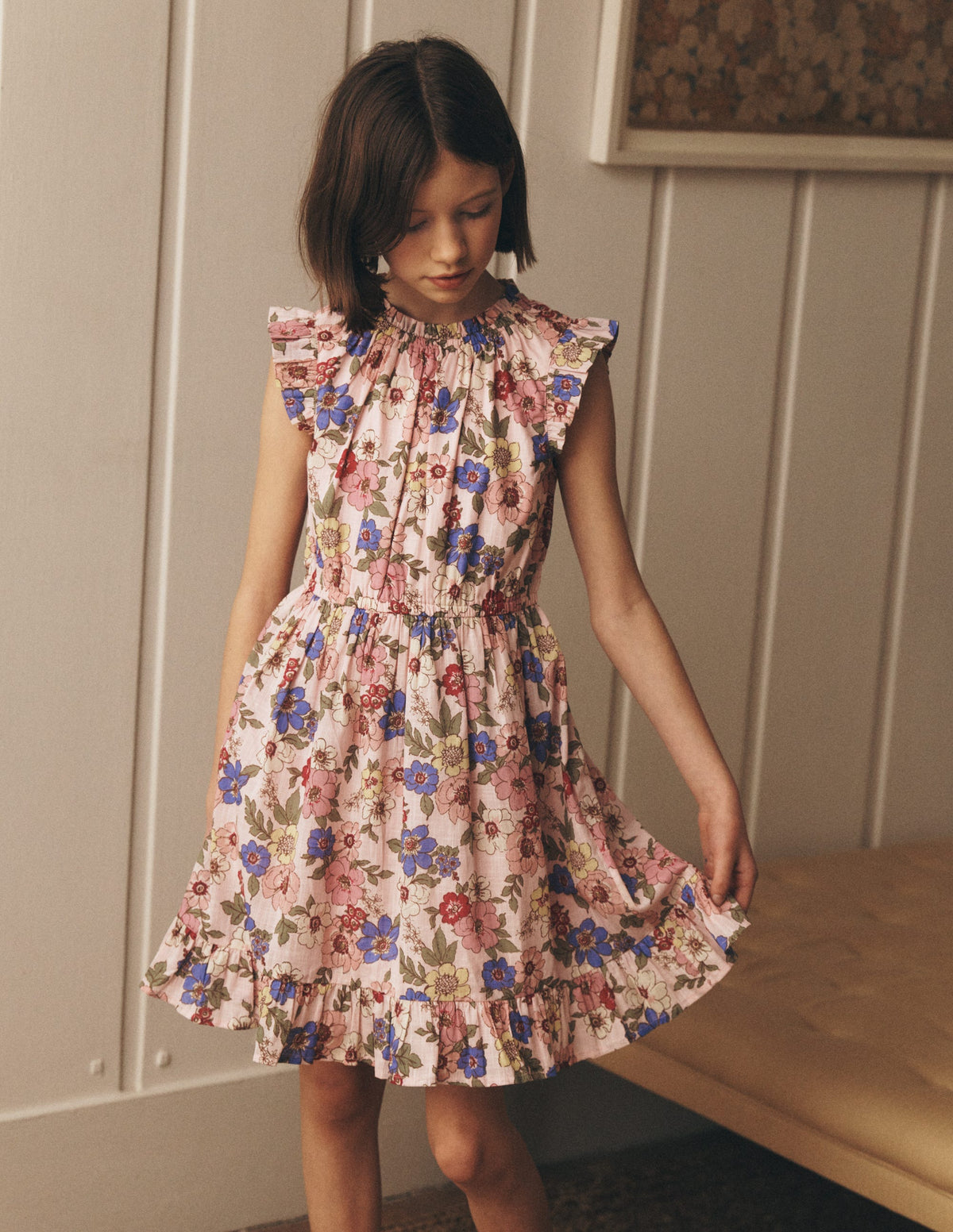 Gathered Woven Dress-Blooming Pink Floral Bloom - Image 4