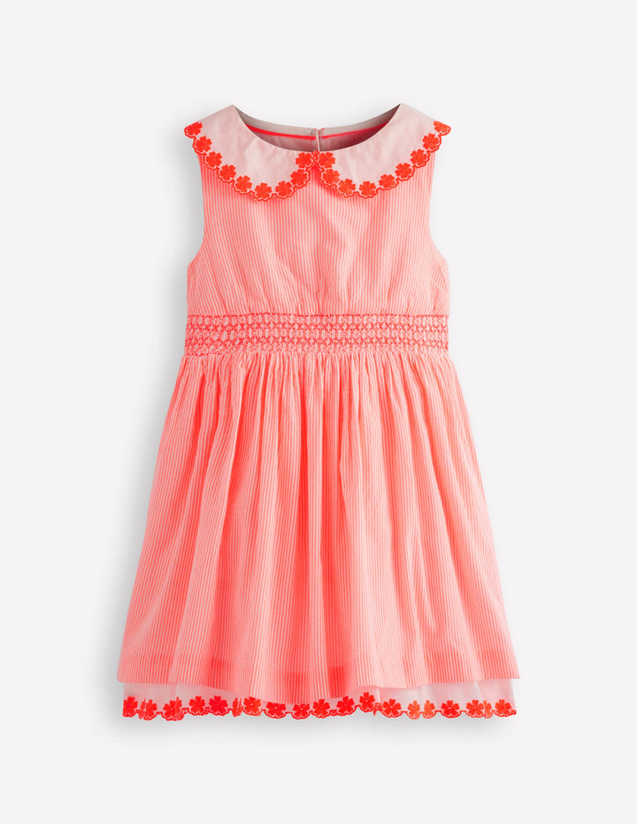 Nostalgic Broderie Dress-Neon Coral Seersucker
