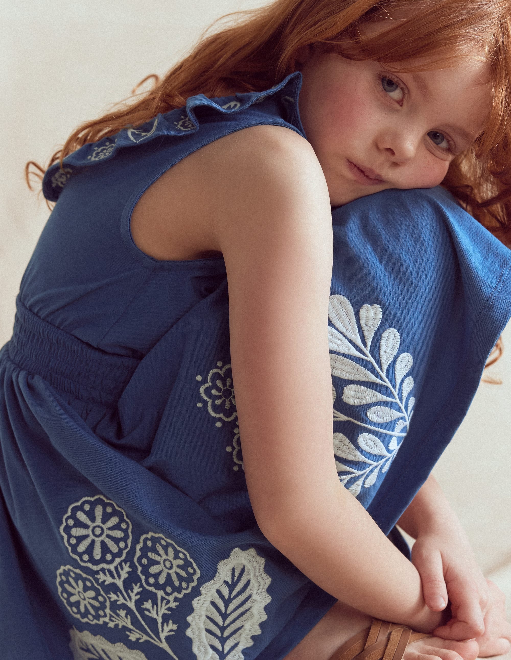 Embroidered V-back dress-Bright Blue Embroidery - Image 1
