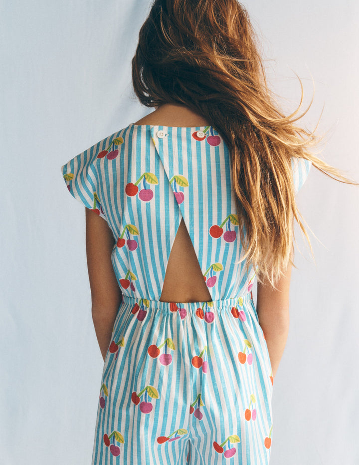 Tie Waist Woven Playsuit-Blue Cherry Stripe