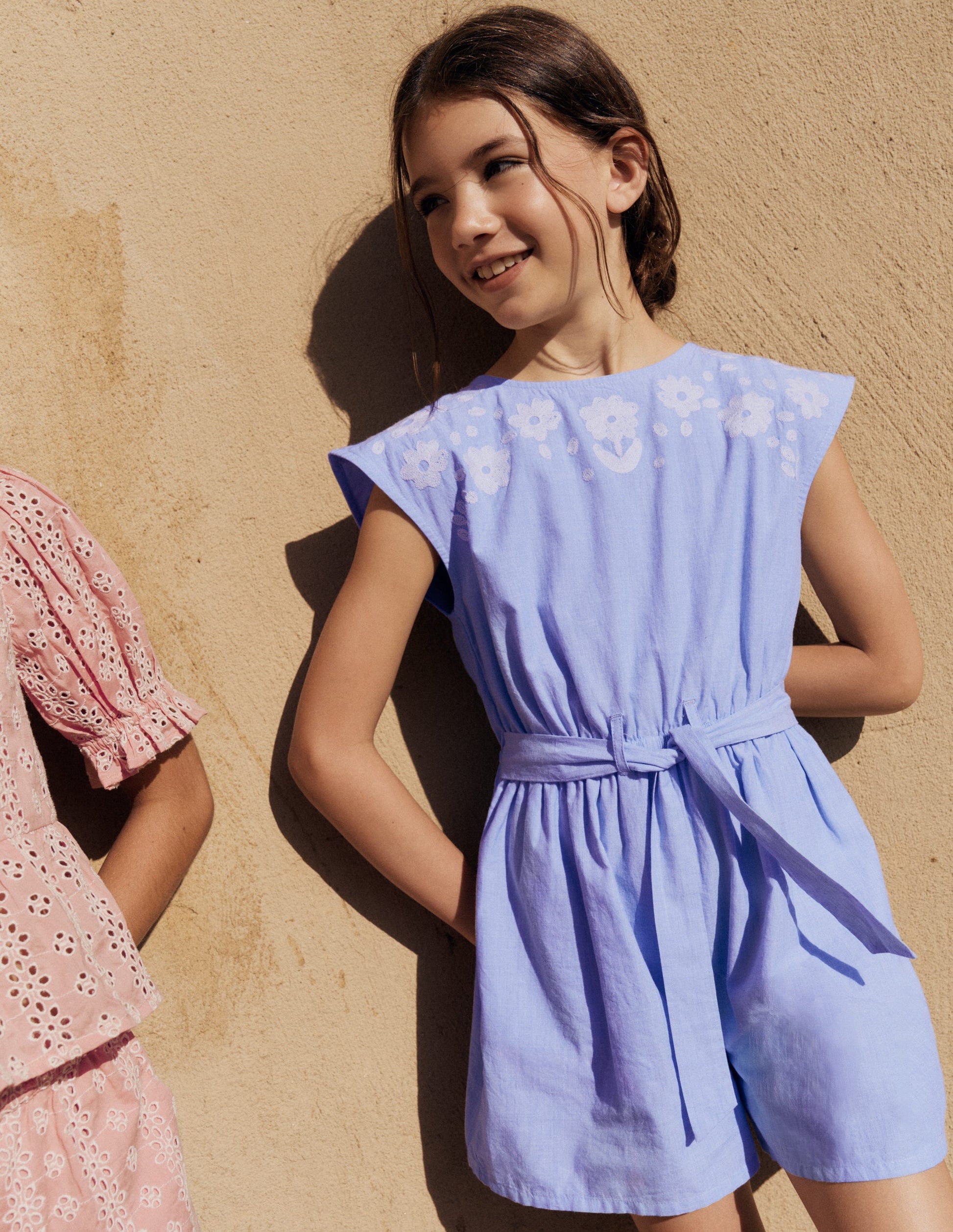 Tie Waist Woven Playsuit-Denim Embroidery-1