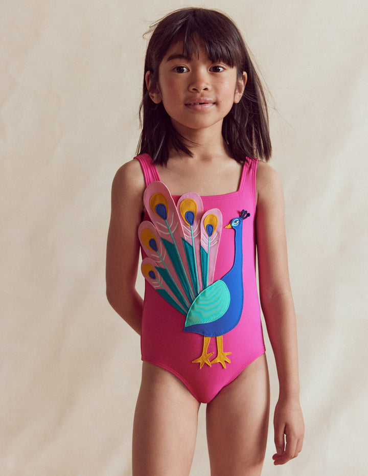 Appliqué Swimsuit-Pink Peacock