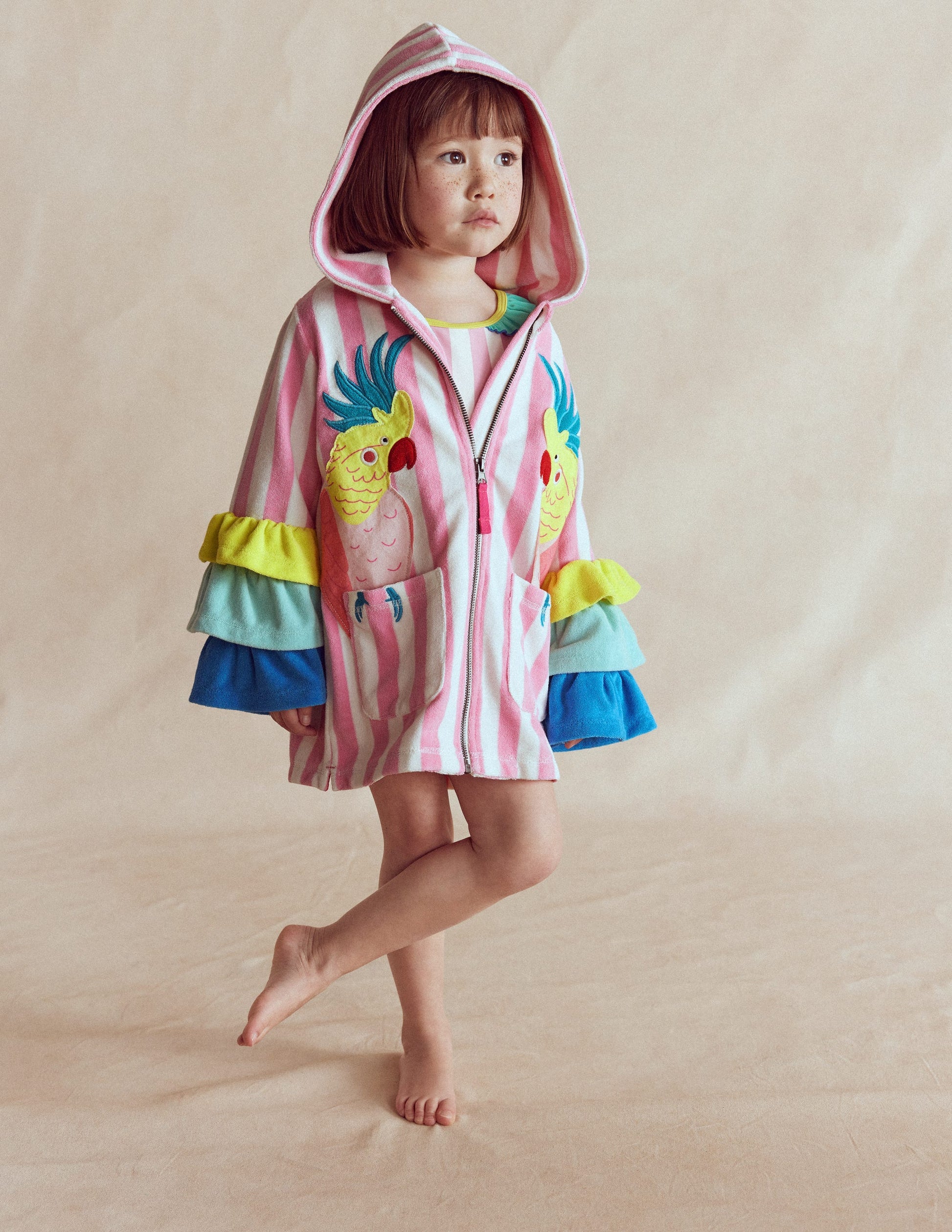 Fun Romie Towelling Zip-Up-Stripe Frill Parrot-1