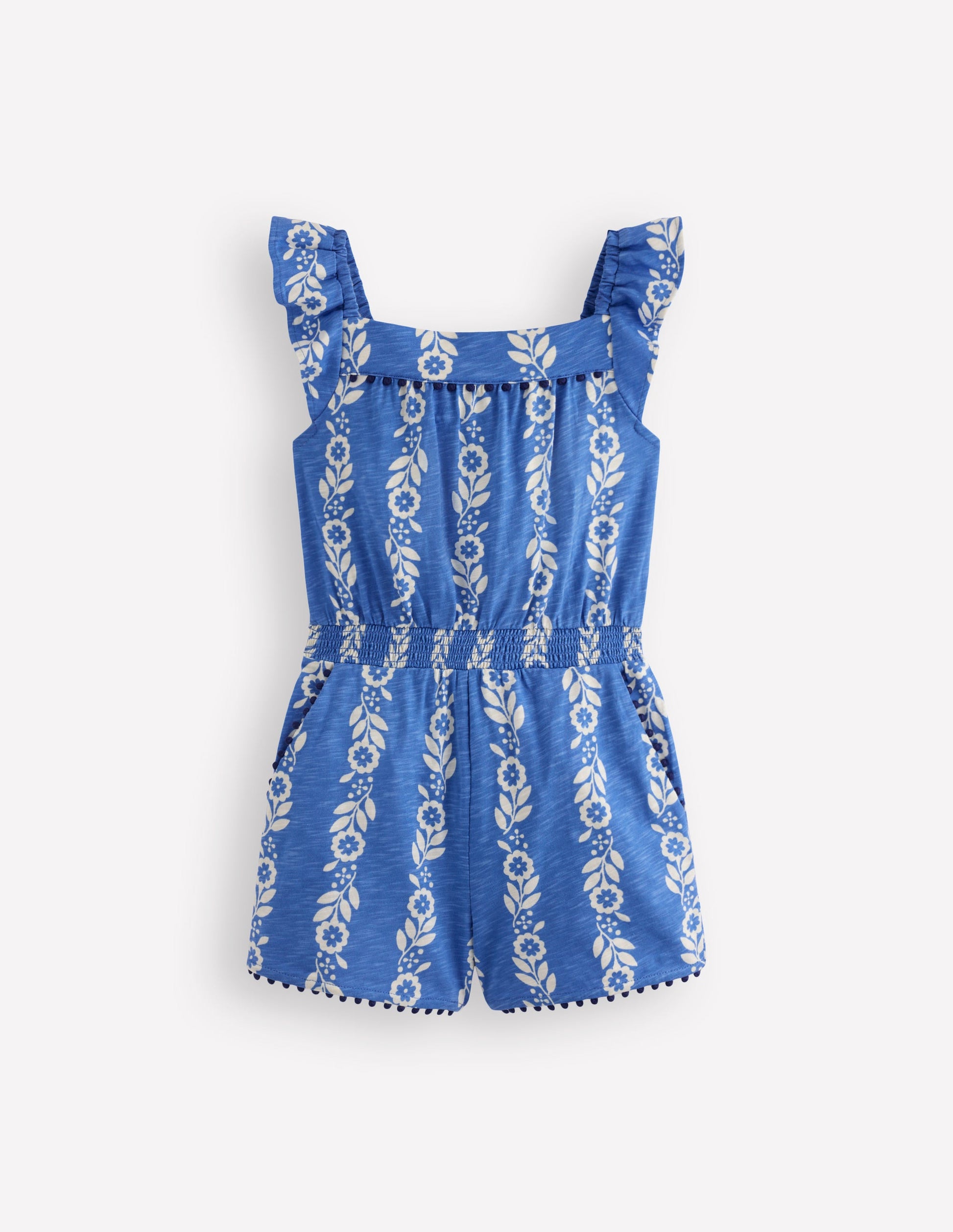 Ciara Pom Trim Jersey Playsuit-Blue Floral-3