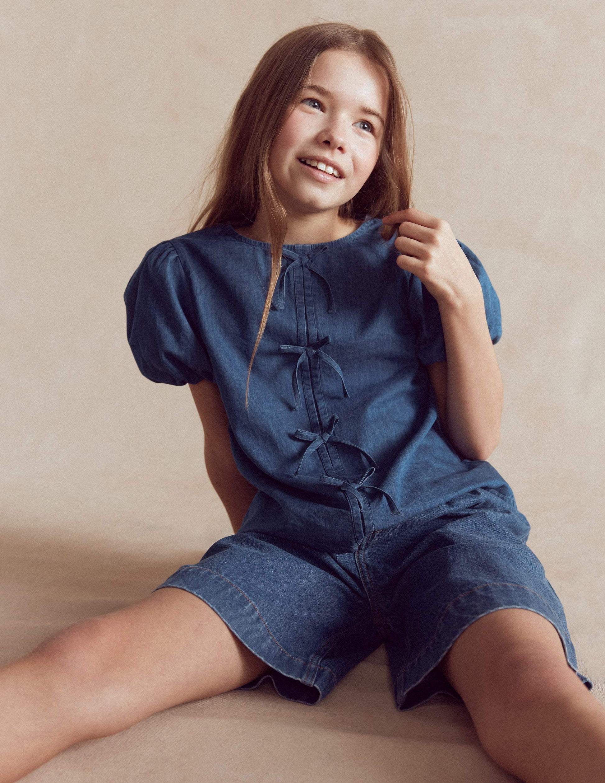 Bow Front Woven Top-Chambray-2